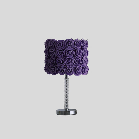Purple rose lamp with a decorative crystal stem and chrome base for elegant bedroom lighting
