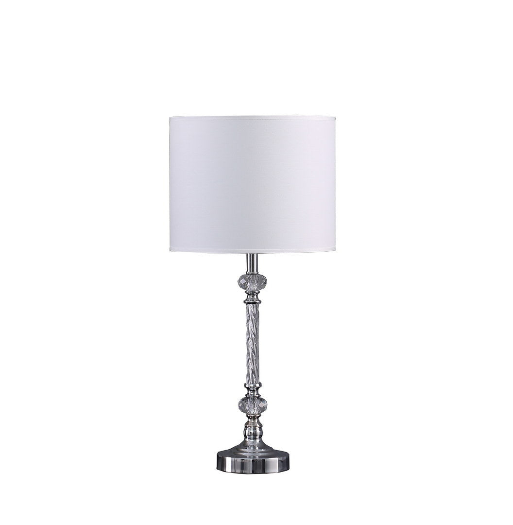Modern table lamp with twisted crystal stem and polished chrome base for ambient lighting