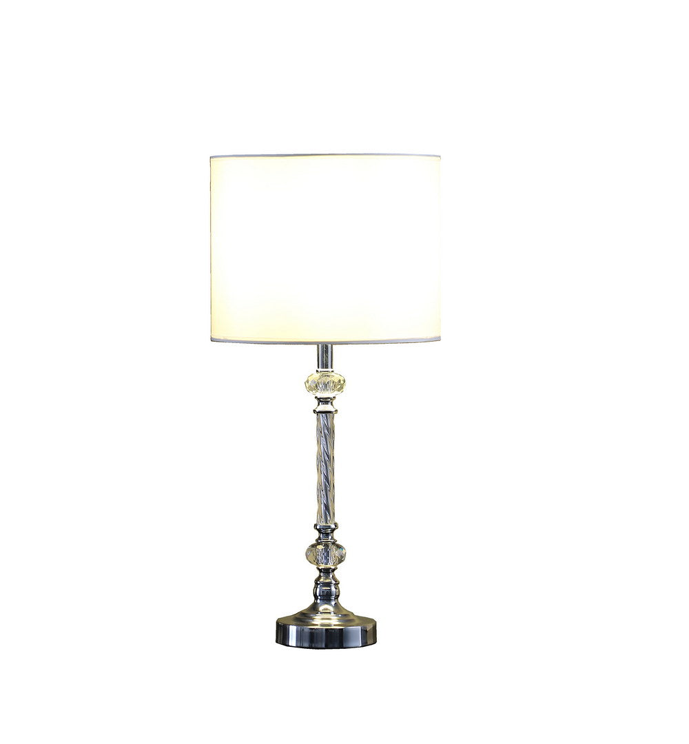 Glamorous silver table lamp with crystal accents and white shade perfect for bedside tables