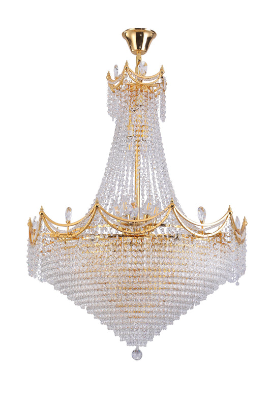 Elegant gold chandelier with cascading crystal strands perfect for luxury interiors
