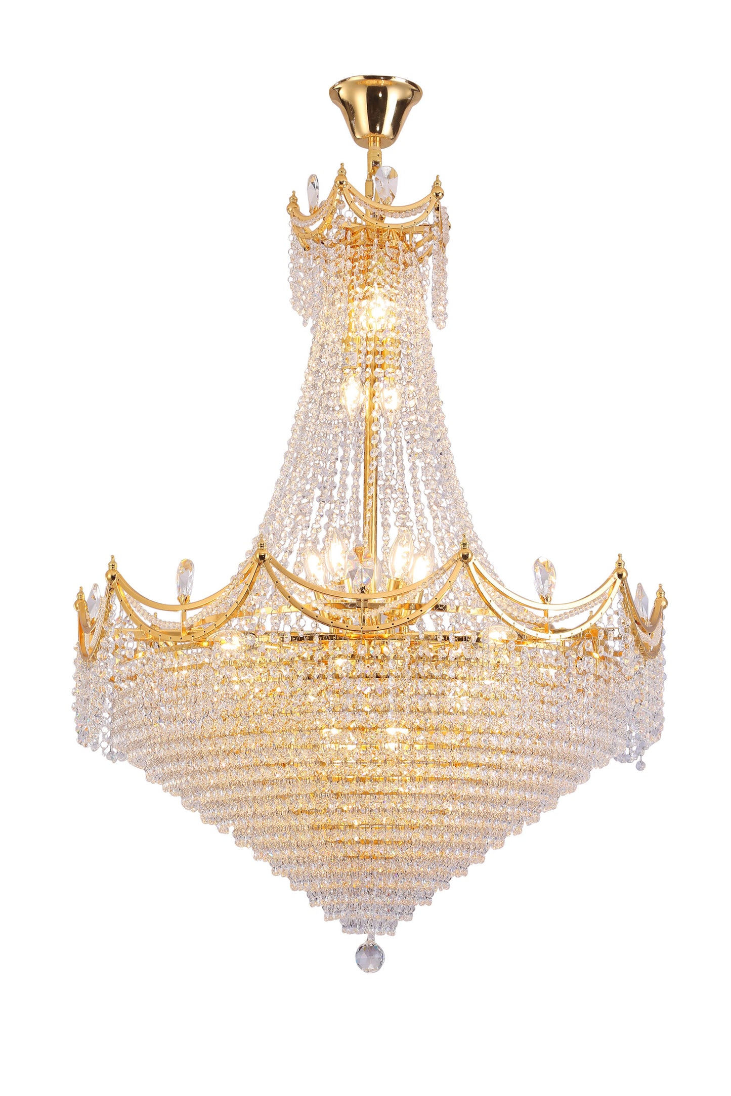 Gilded tiered crystal chandelier with cascading prisms for elegant home lighting