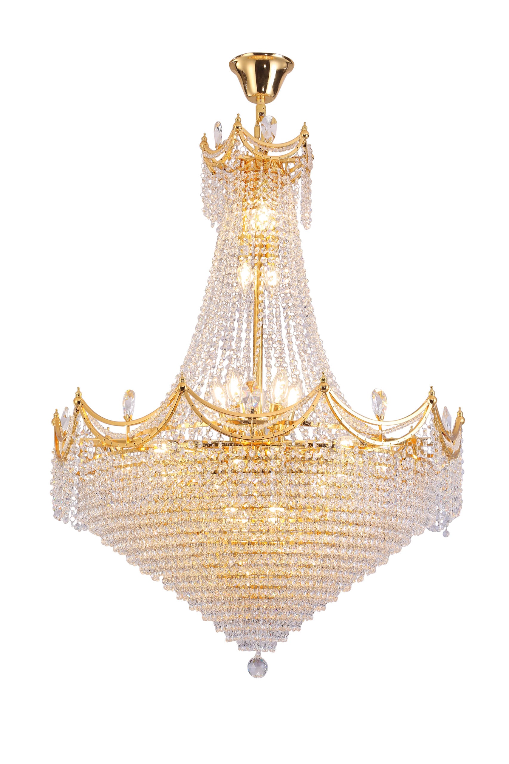 Gilded tiered crystal chandelier with cascading prisms for elegant home lighting