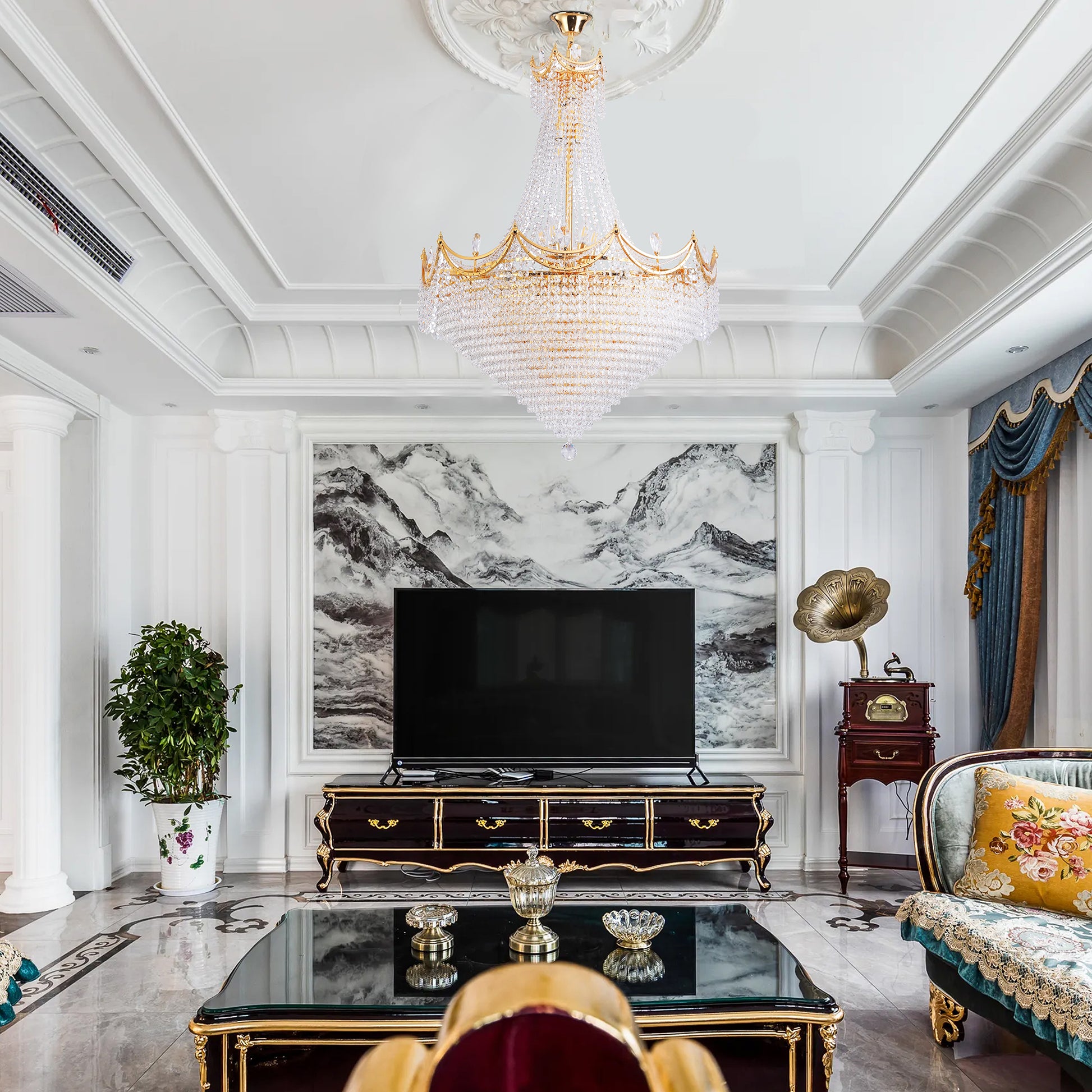 Elaborate crystal chandelier with gold accents a statement piece for luxurious living rooms