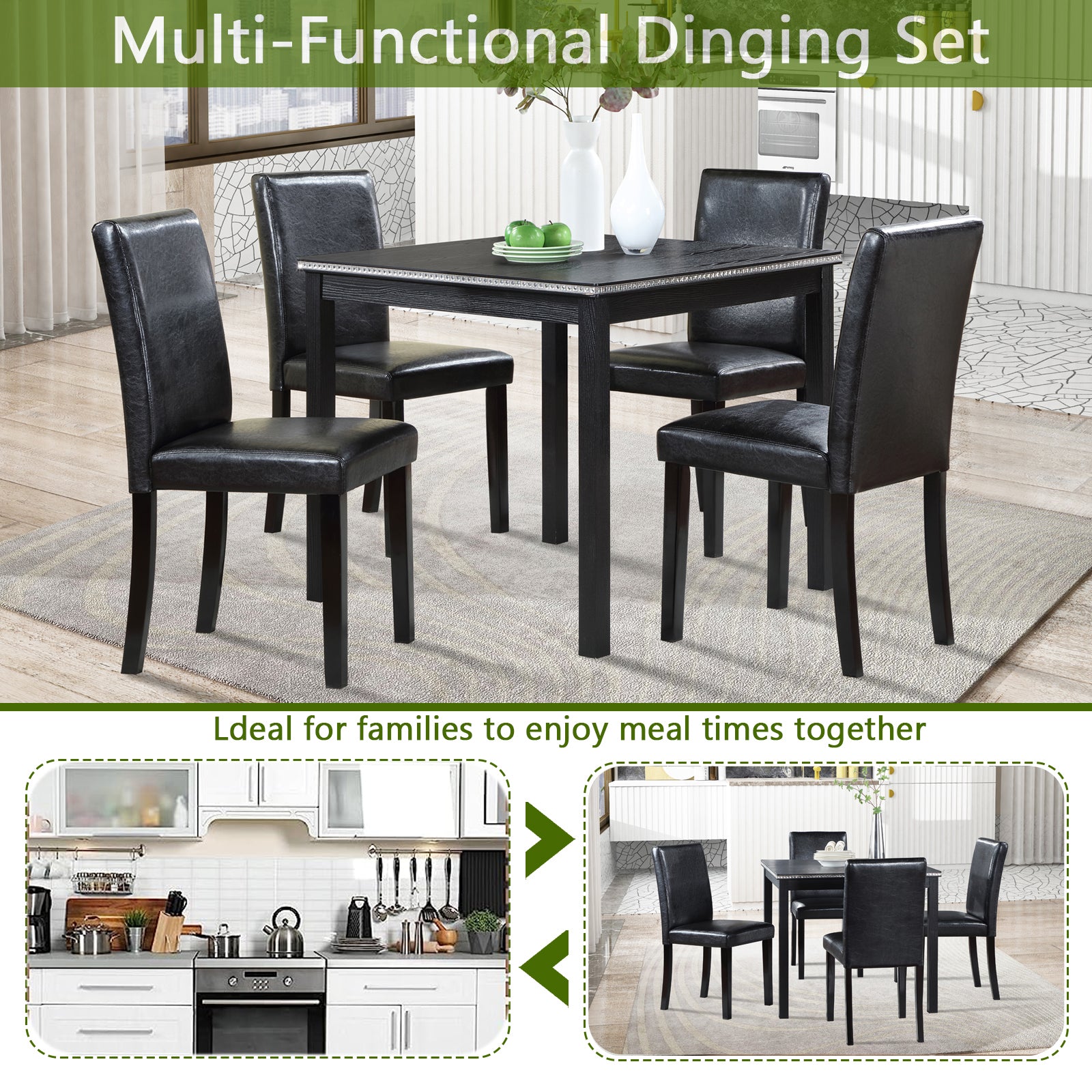 Black faux leather dining chairs with dark wood legs surrounding a black dining table