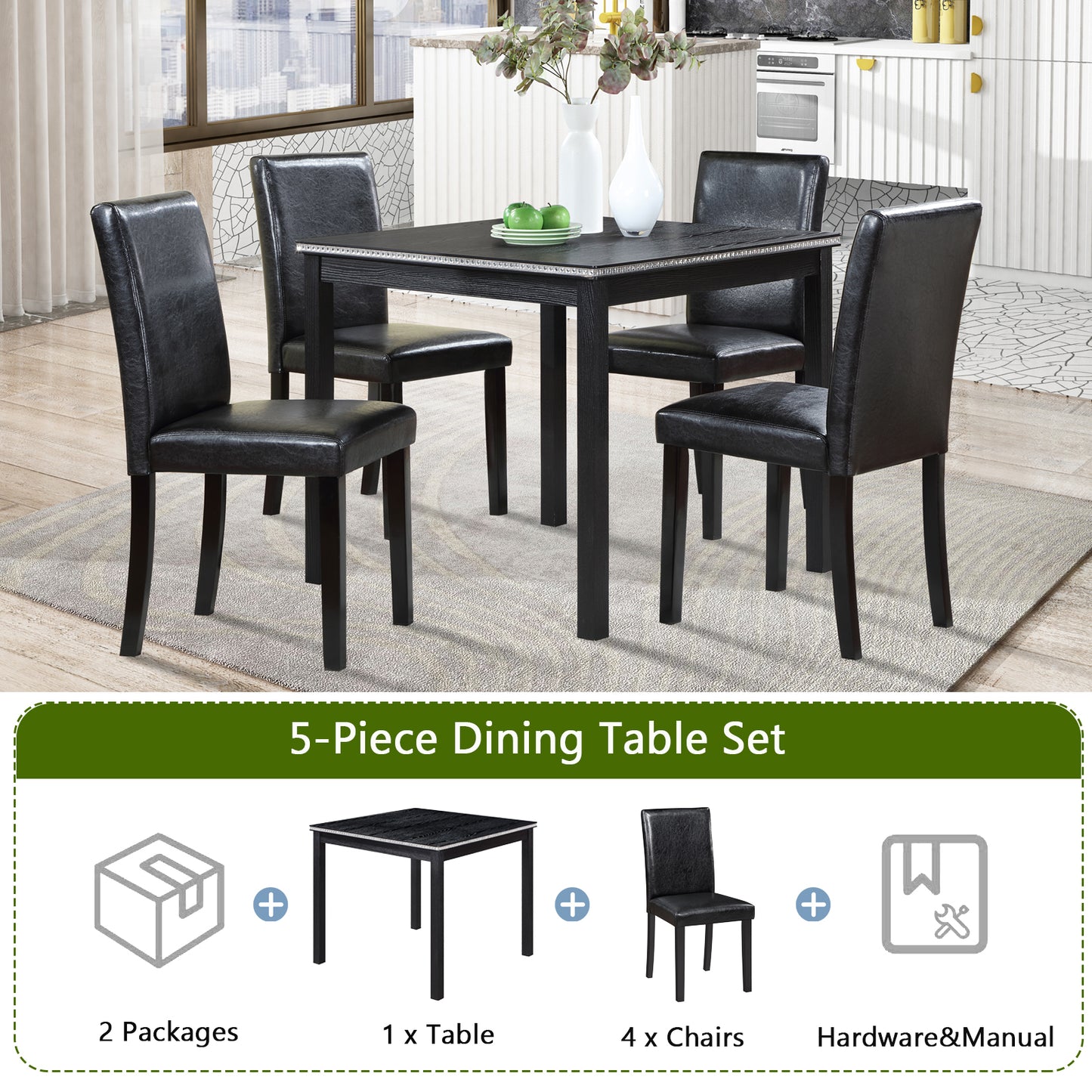 Black faux leather dining chair with tall back
