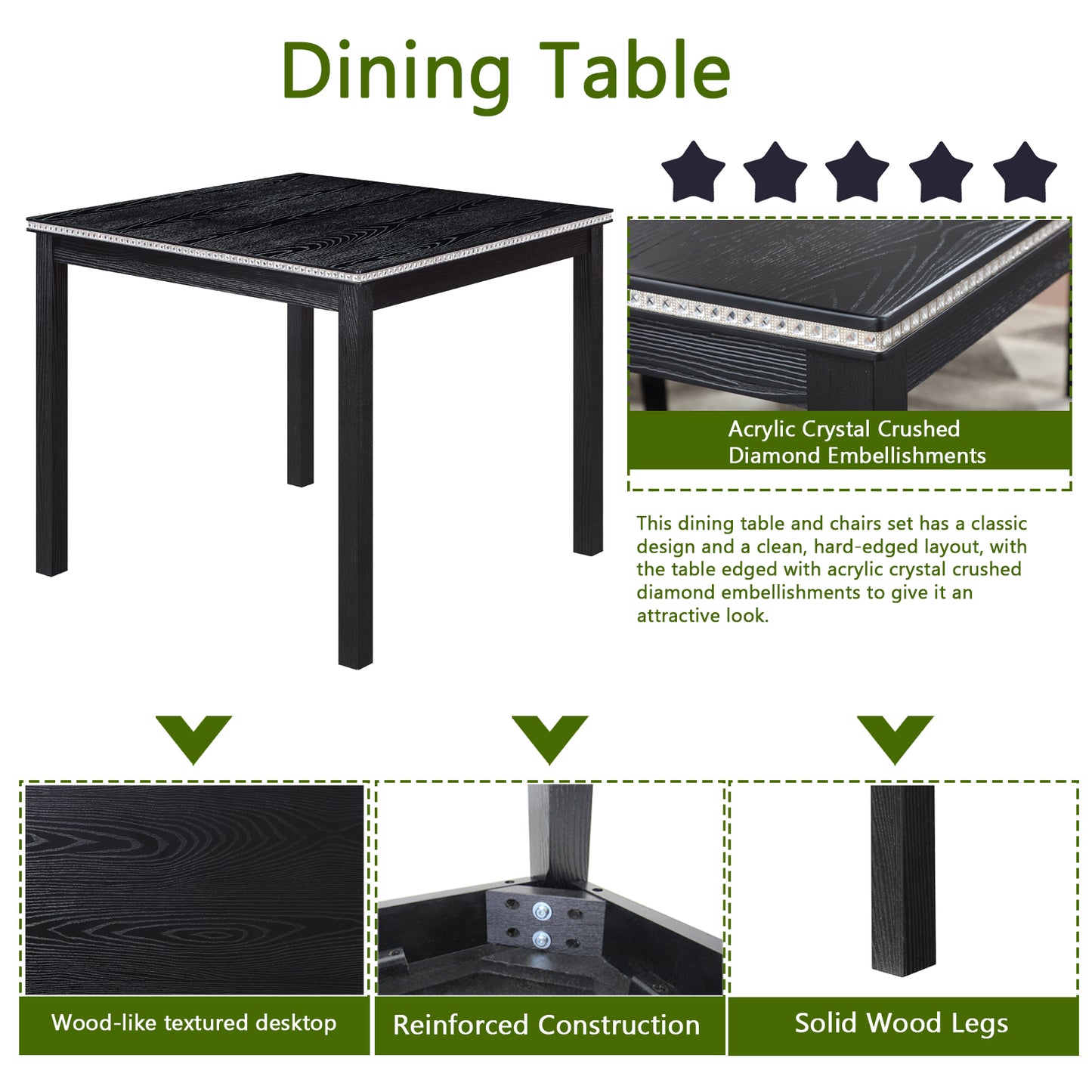 Black square dining table with woodlike texture and diamond embellishments