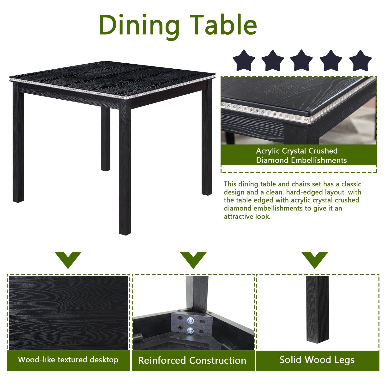 Black square dining table with woodlike texture and diamond embellishments