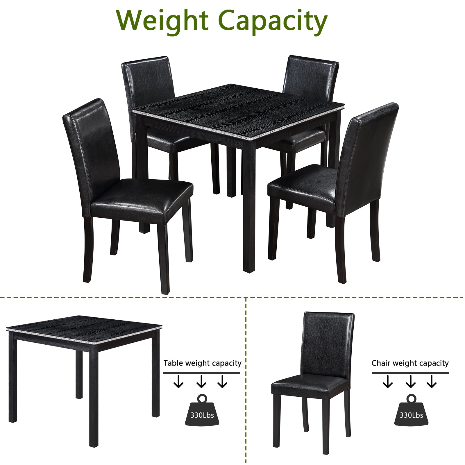 Black faux leather dining chairs around a woodgrain effect dining table with a silver trim