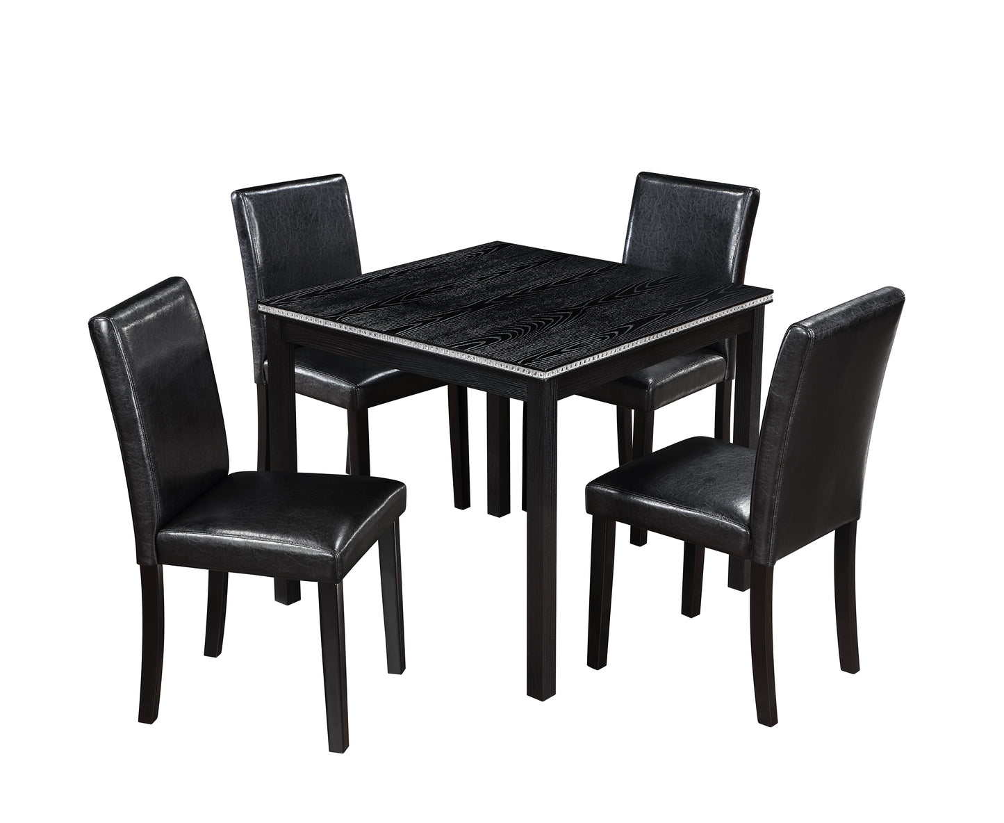 Black faux leather dining chairs and black wood grain table set