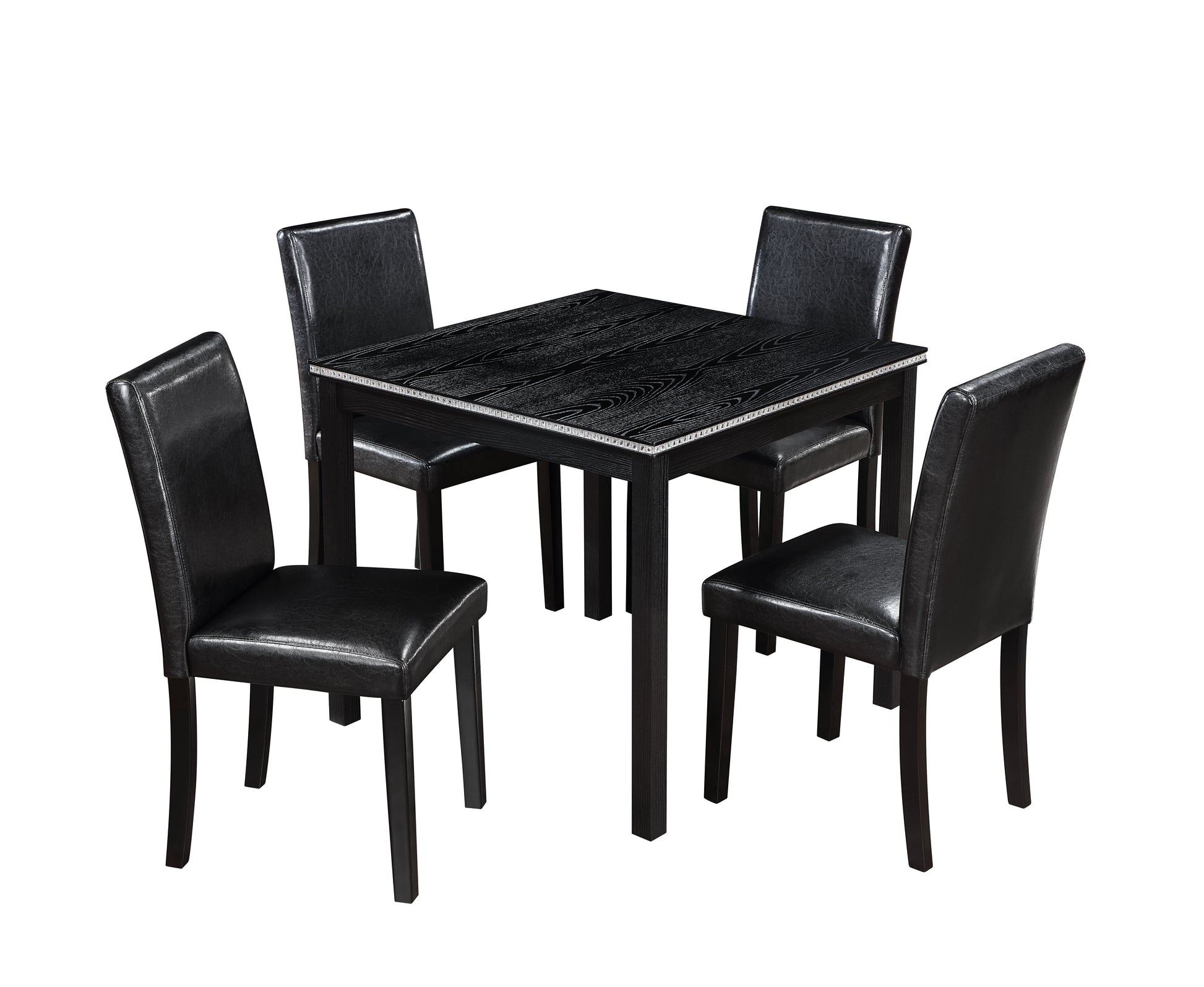 Black faux leather dining chairs and black wood grain table set