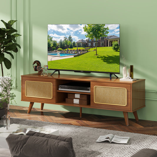 TREATLIFE HOME Mid Century Modern Rattan TV Stand with Storage and Charging Station, Walnut Finish, Fits Up to 65 Inch TV