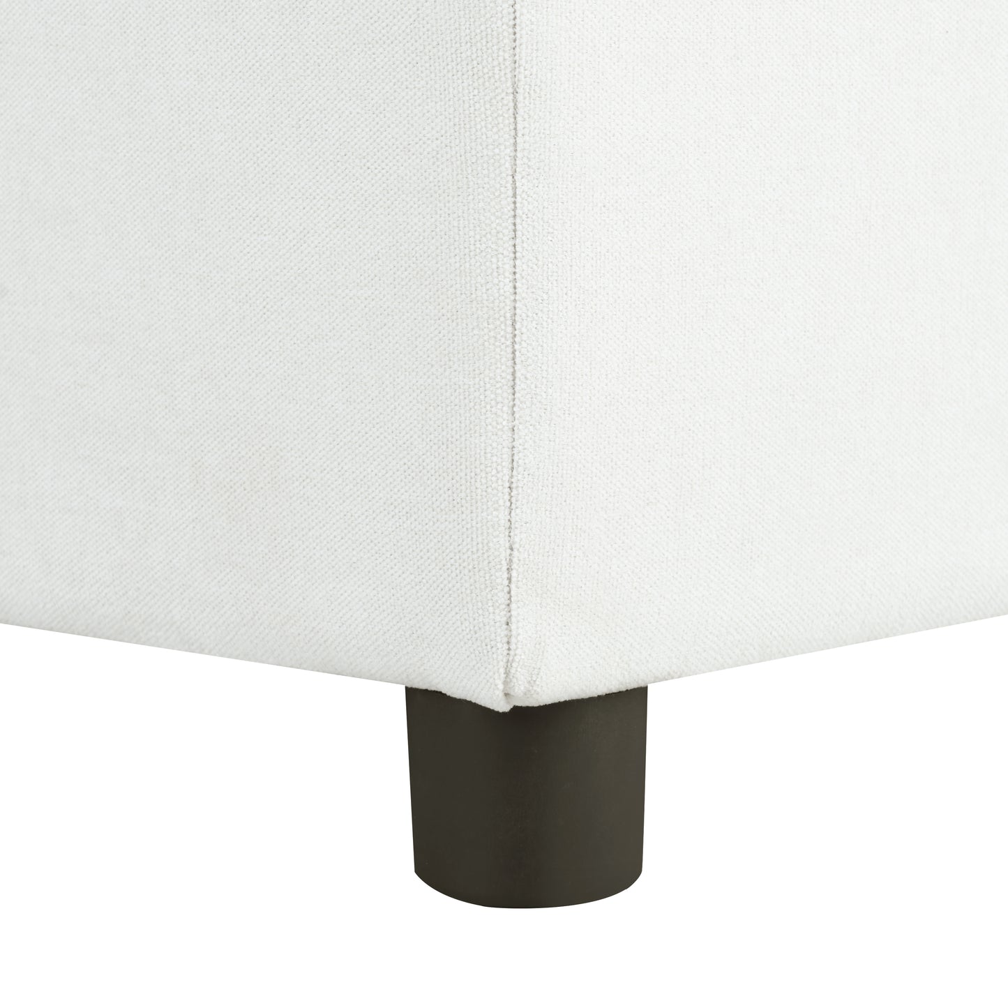 White textured fabric sofa corner with dark brown cylindrical leg