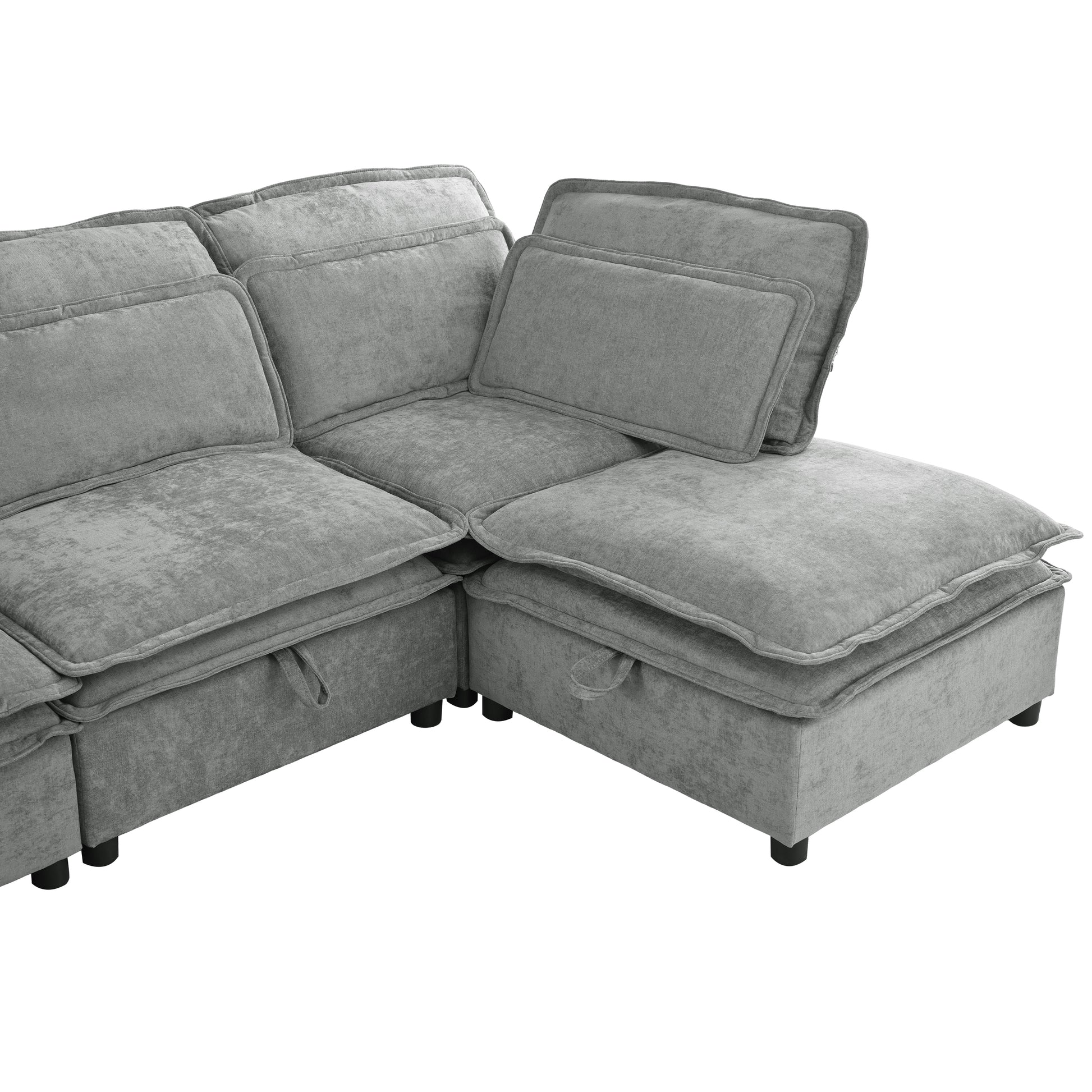 Plush grey fabric sectional sofa with plush cushions and storage ottoman for modern living rooms