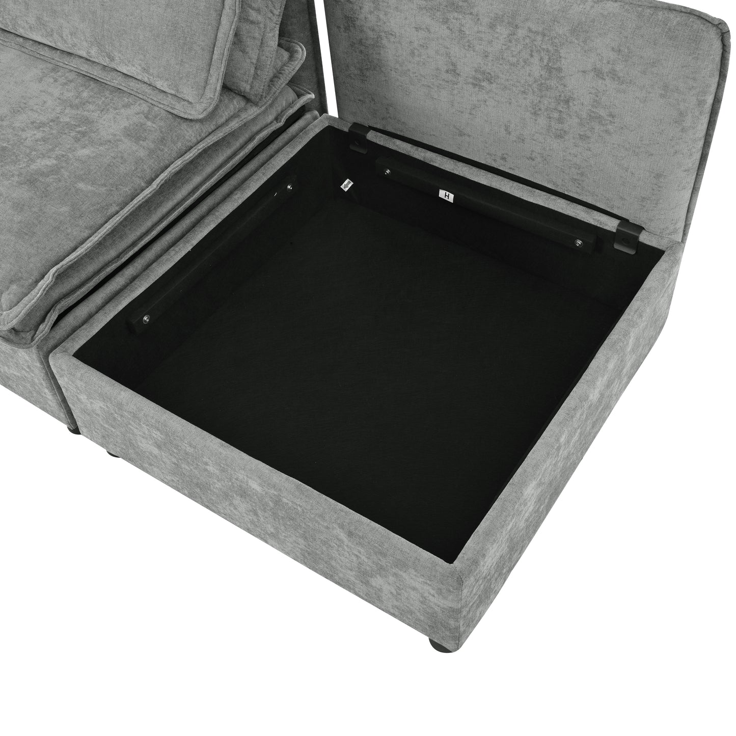 Gray upholstered sectional sofa with open storage compartment