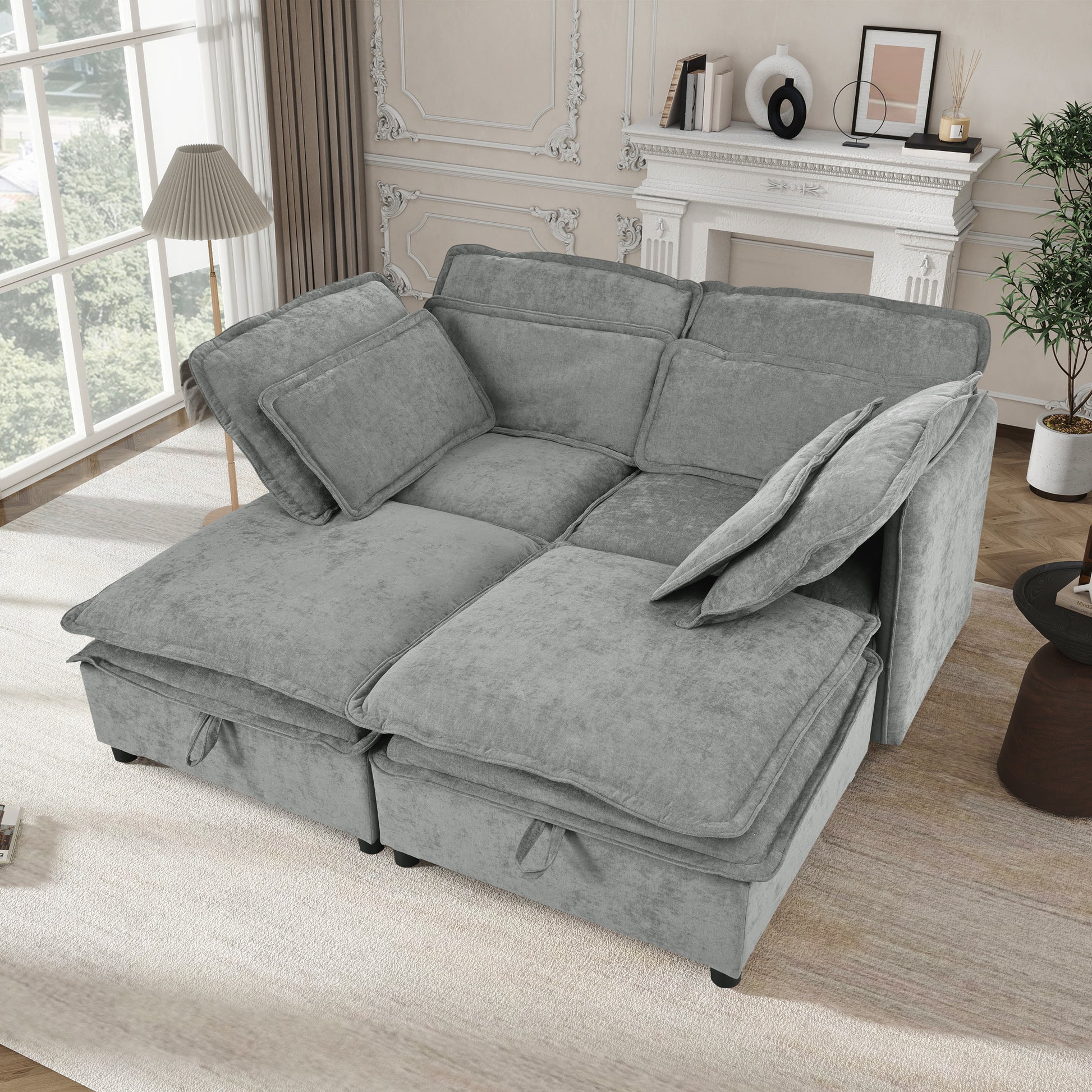 Plush grey modular sofa with ample cushions and storage perfect for contemporary living rooms