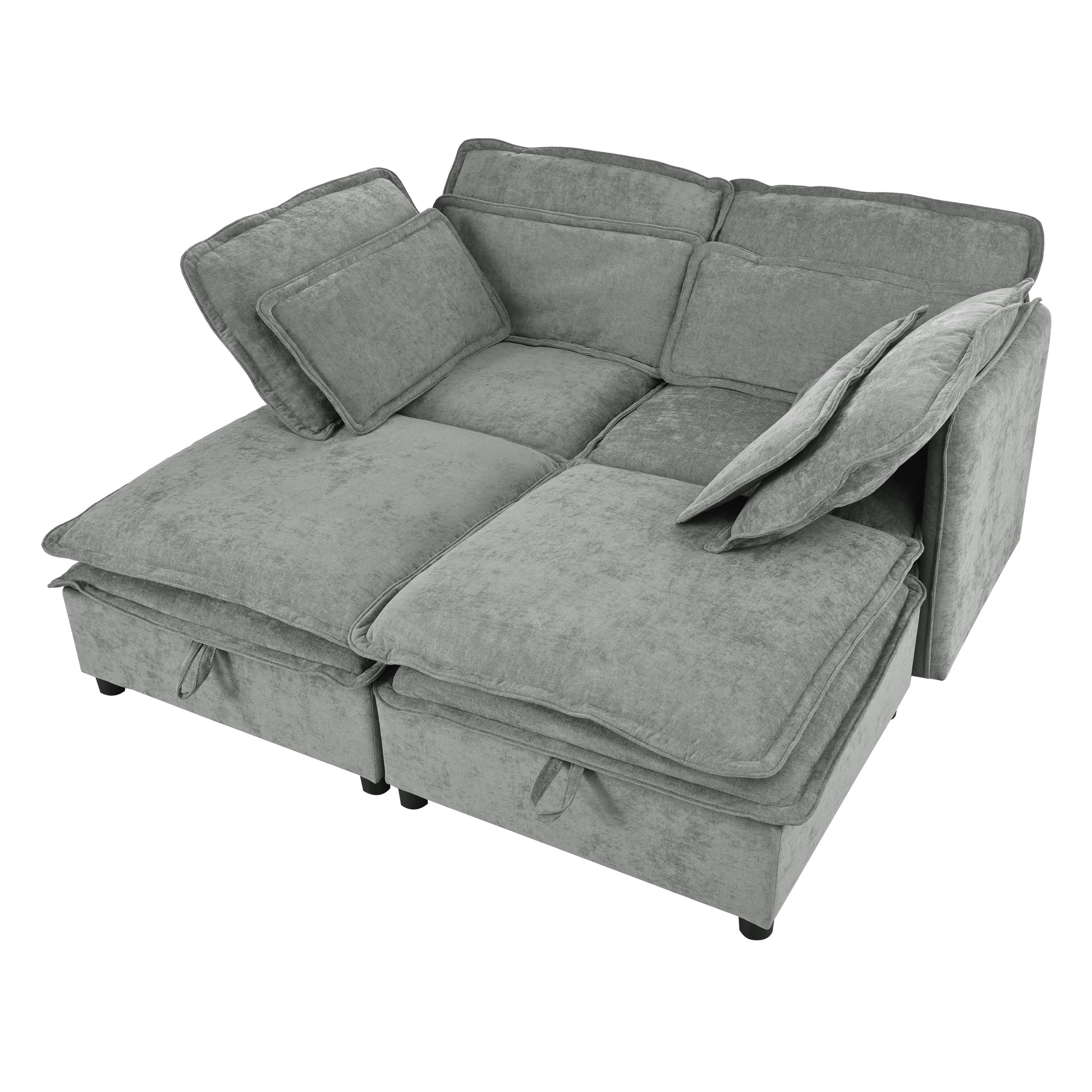 Plush gray sectional sofa with tufted cushions and hidden storage compartments