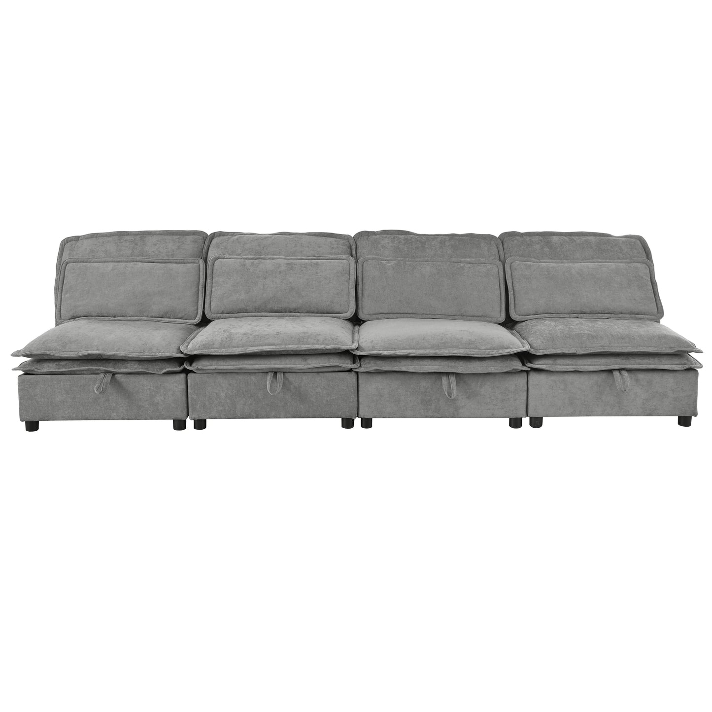 Gray modular sectional sofa with plush cushions and hidden storage compartments