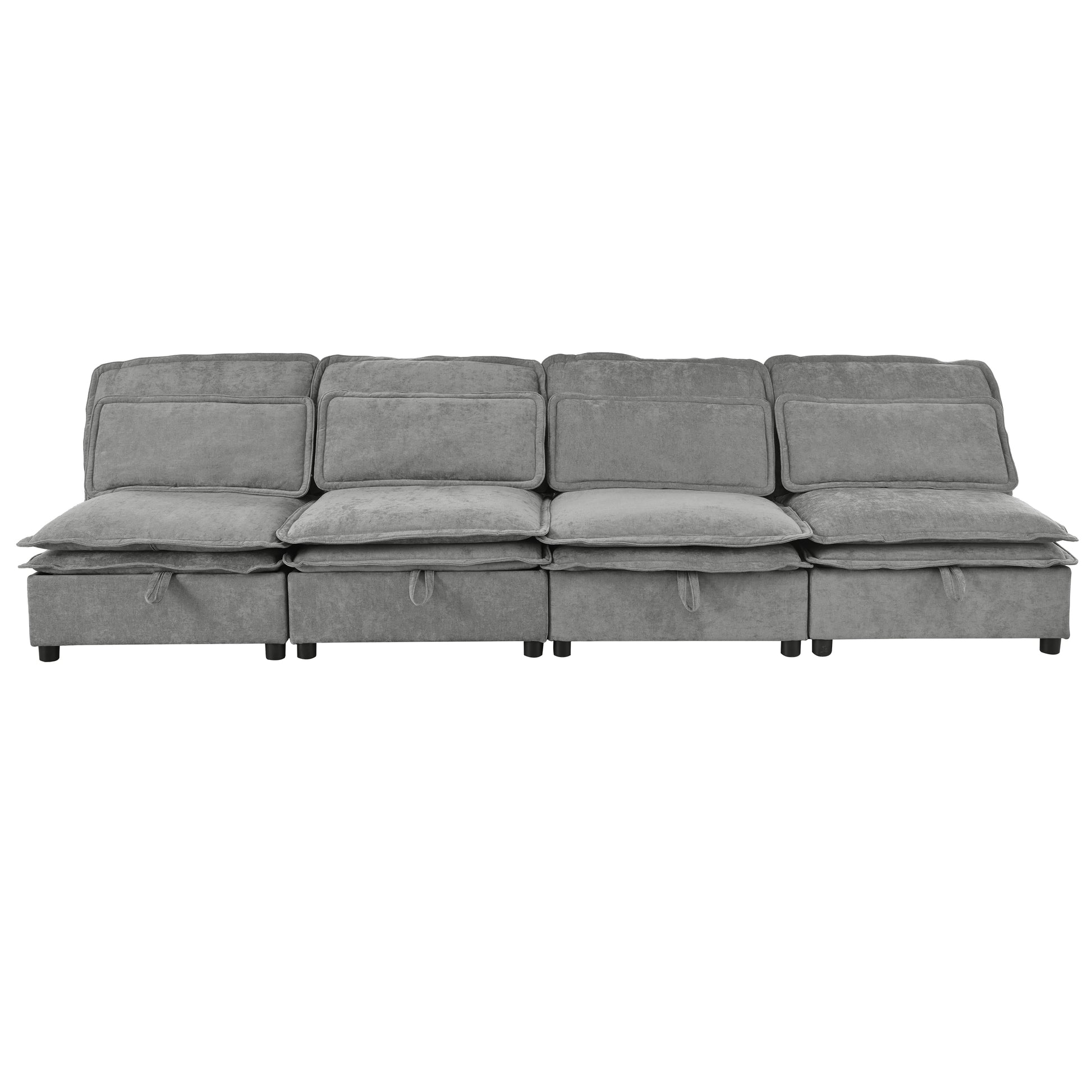 Gray modular sectional sofa with plush cushions and hidden storage compartments