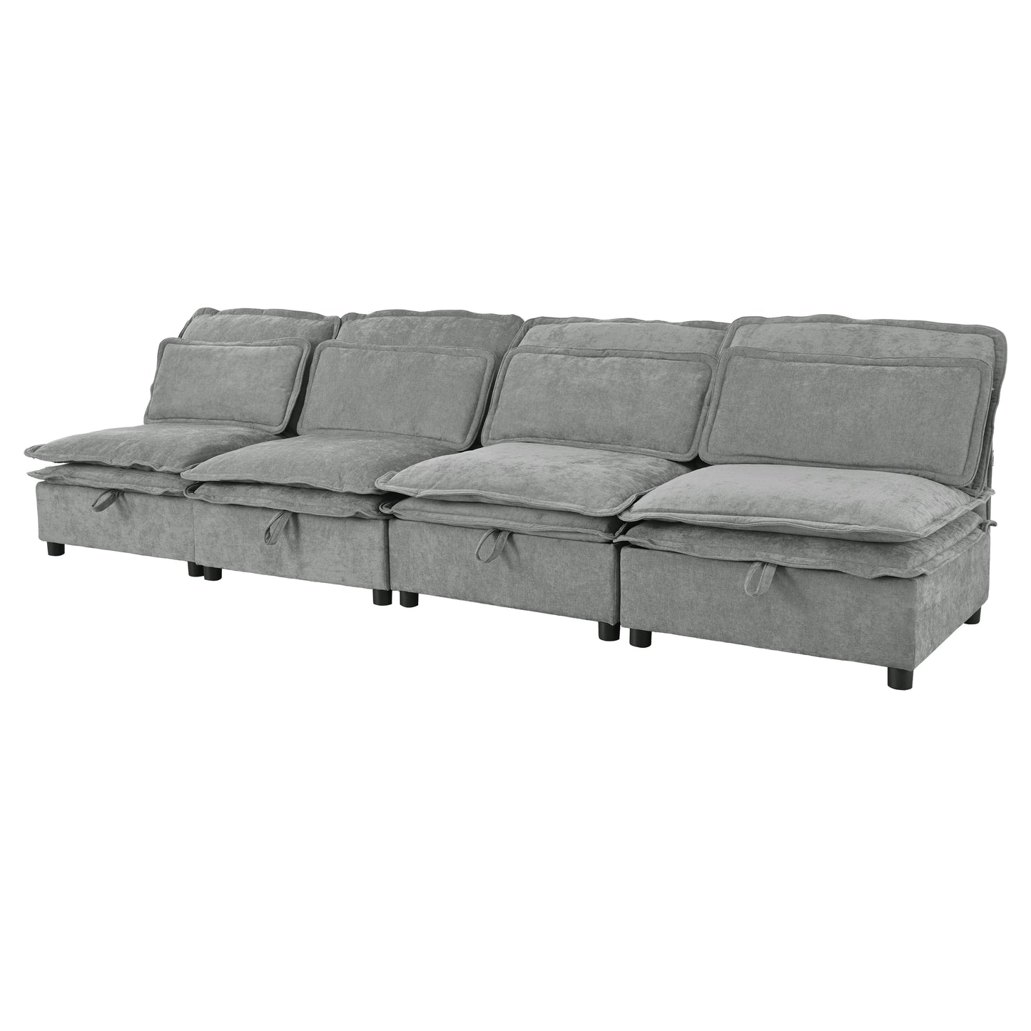 Plush grey velvet sectional sofa with deep seating and builtin storage for a modern living room