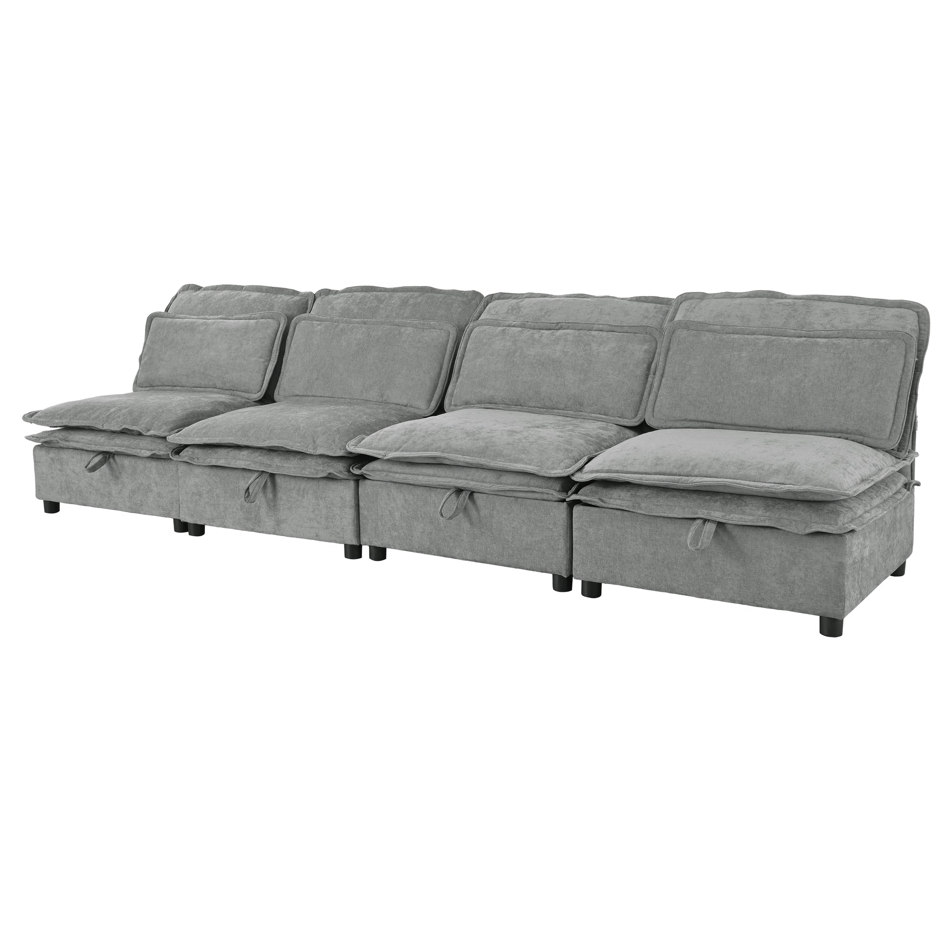 Plush grey velvet sectional sofa with deep seating and builtin storage for a modern living room