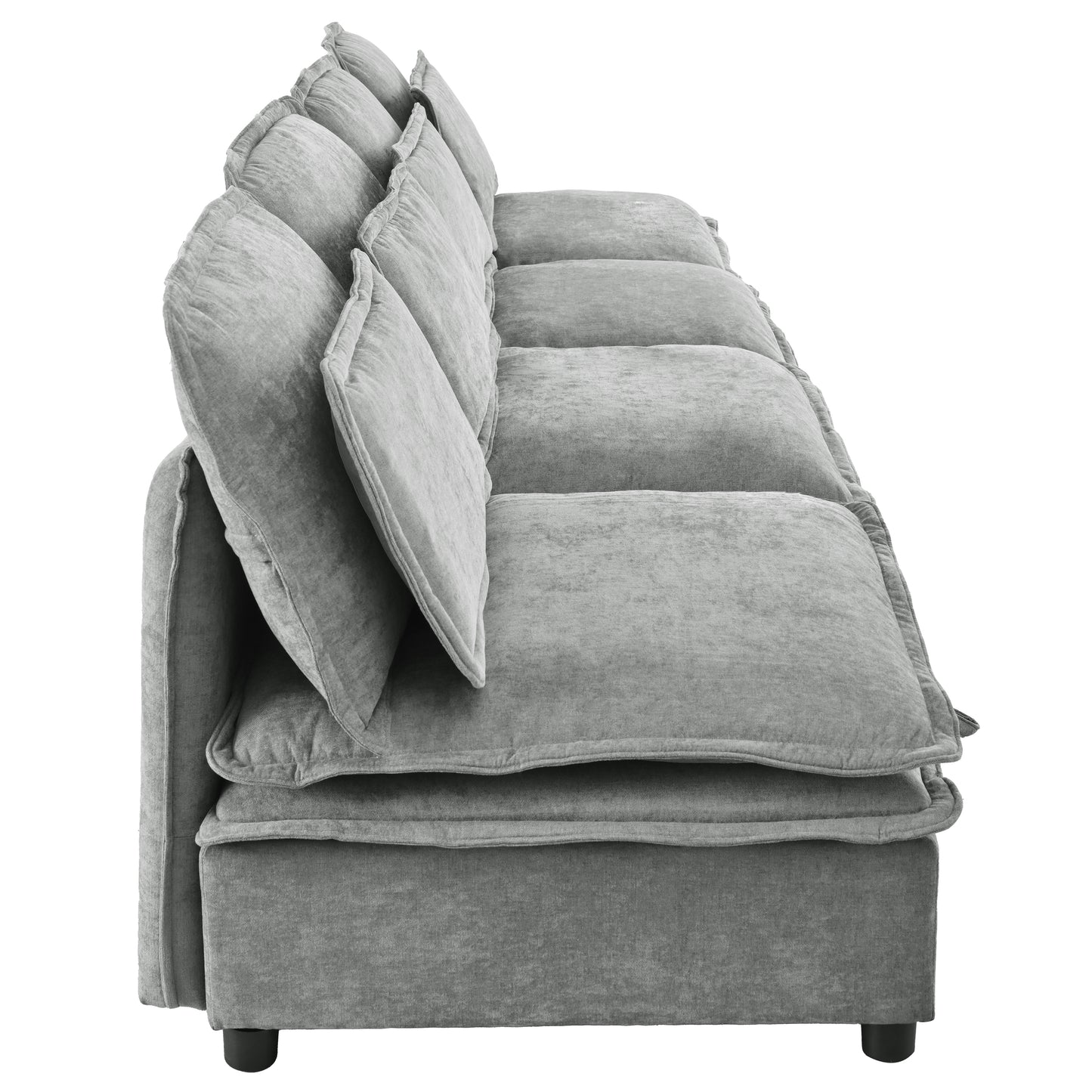 Plush grey velvet sectional sofa with deep seating and loose back cushions modern design