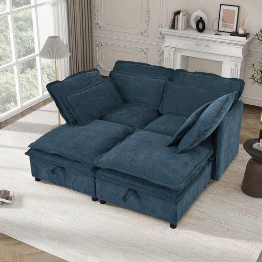Plush navy blue sectional sofa with deep cushions and storage perfect for modern living rooms