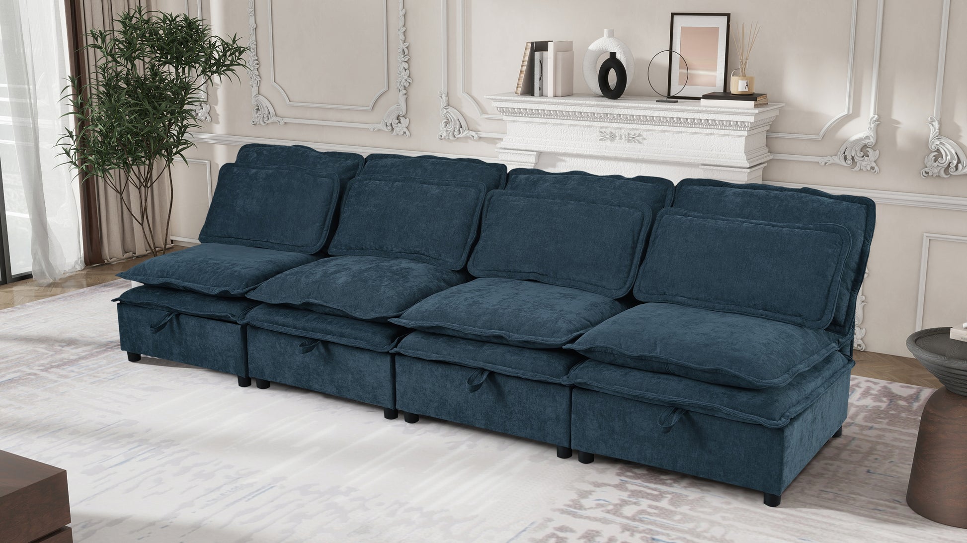 Deep blue velvet modular sofa with plush cushions and hidden storage compartments