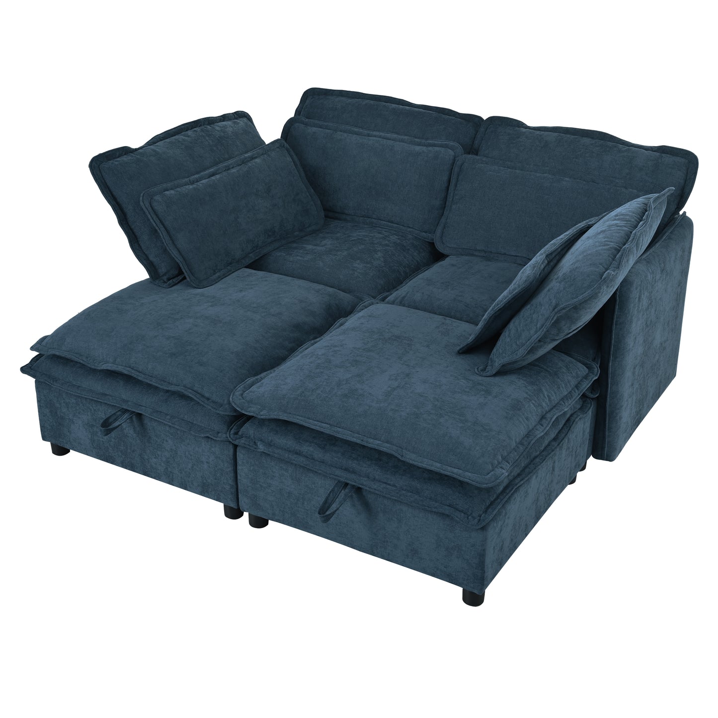 Plush navy blue modular sectional sofa with deep cushions and hidden storage compartments for modern living