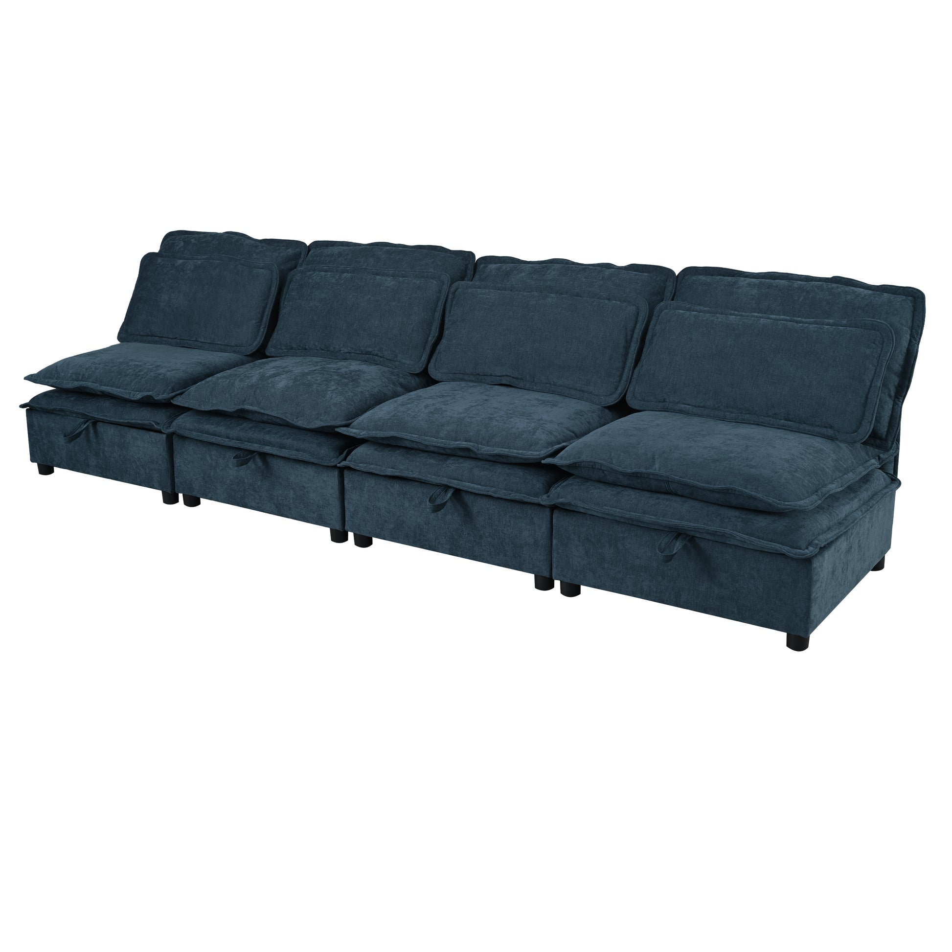 Deep teal fabric modular sofa with plush cushions and hidden storage compartments