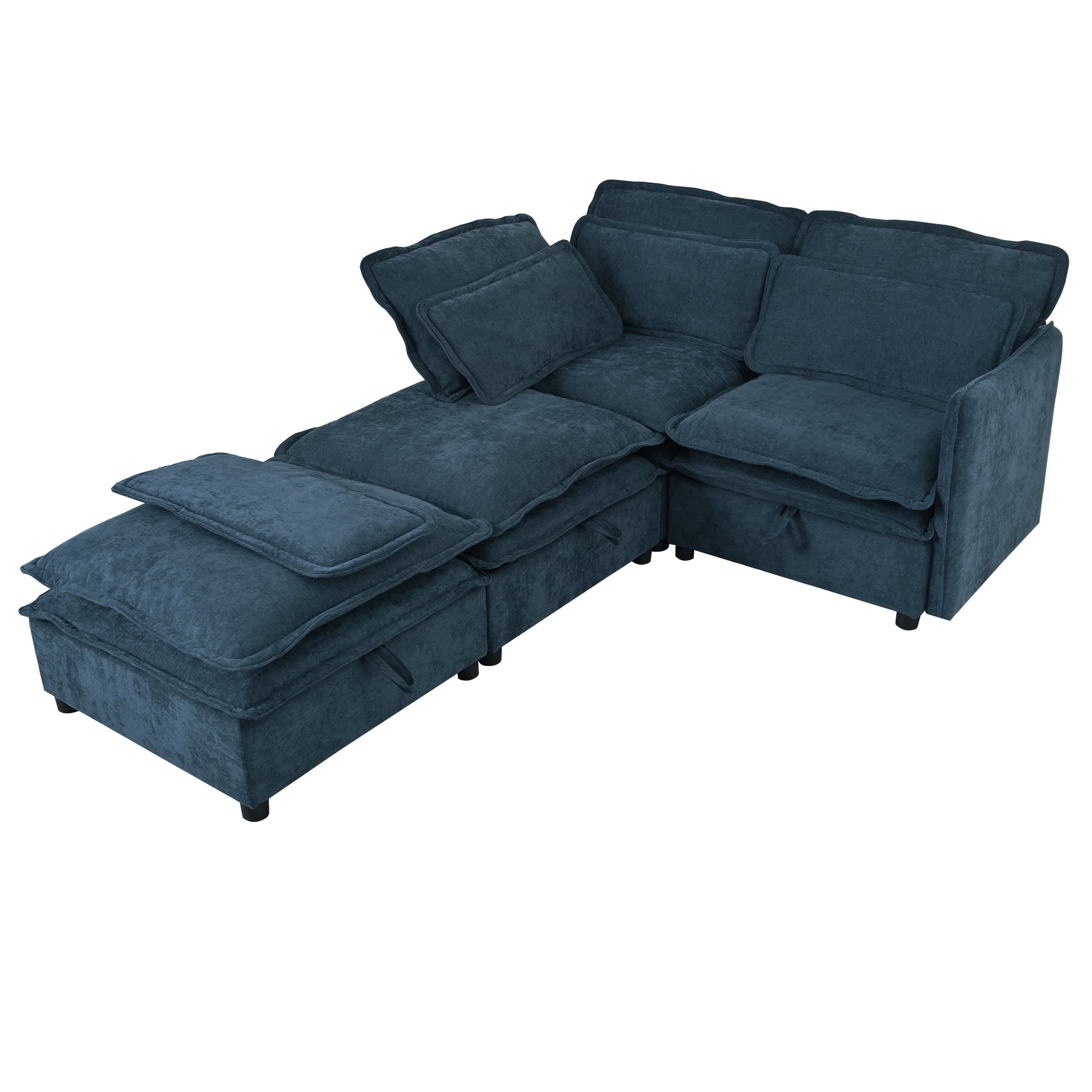 Plush navy blue sectional sofa with chaise and storage ottoman