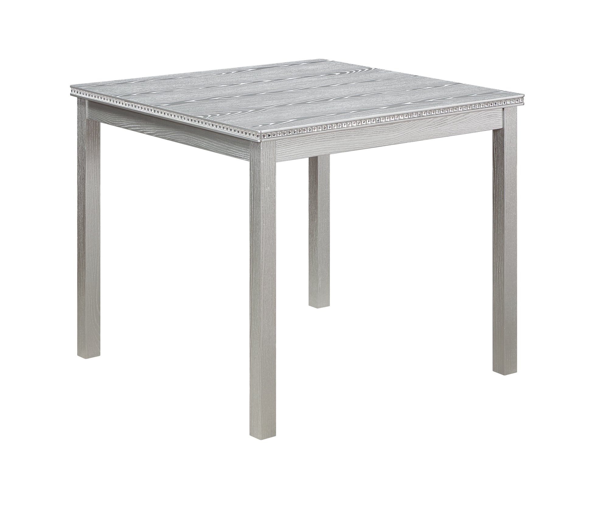 Square modern dining table with a grey wood grain finish and decorative chrome trim