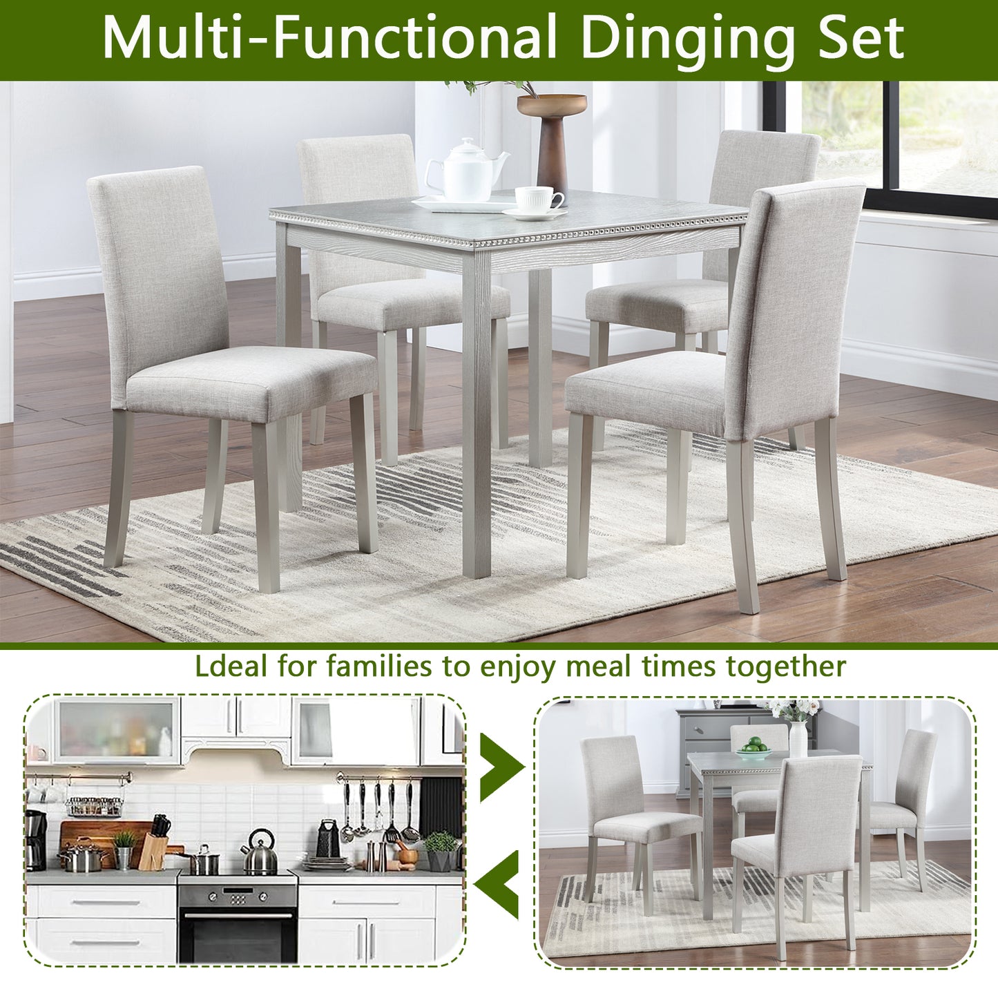 Light gray fabric upholstered dining chair with wooden legs