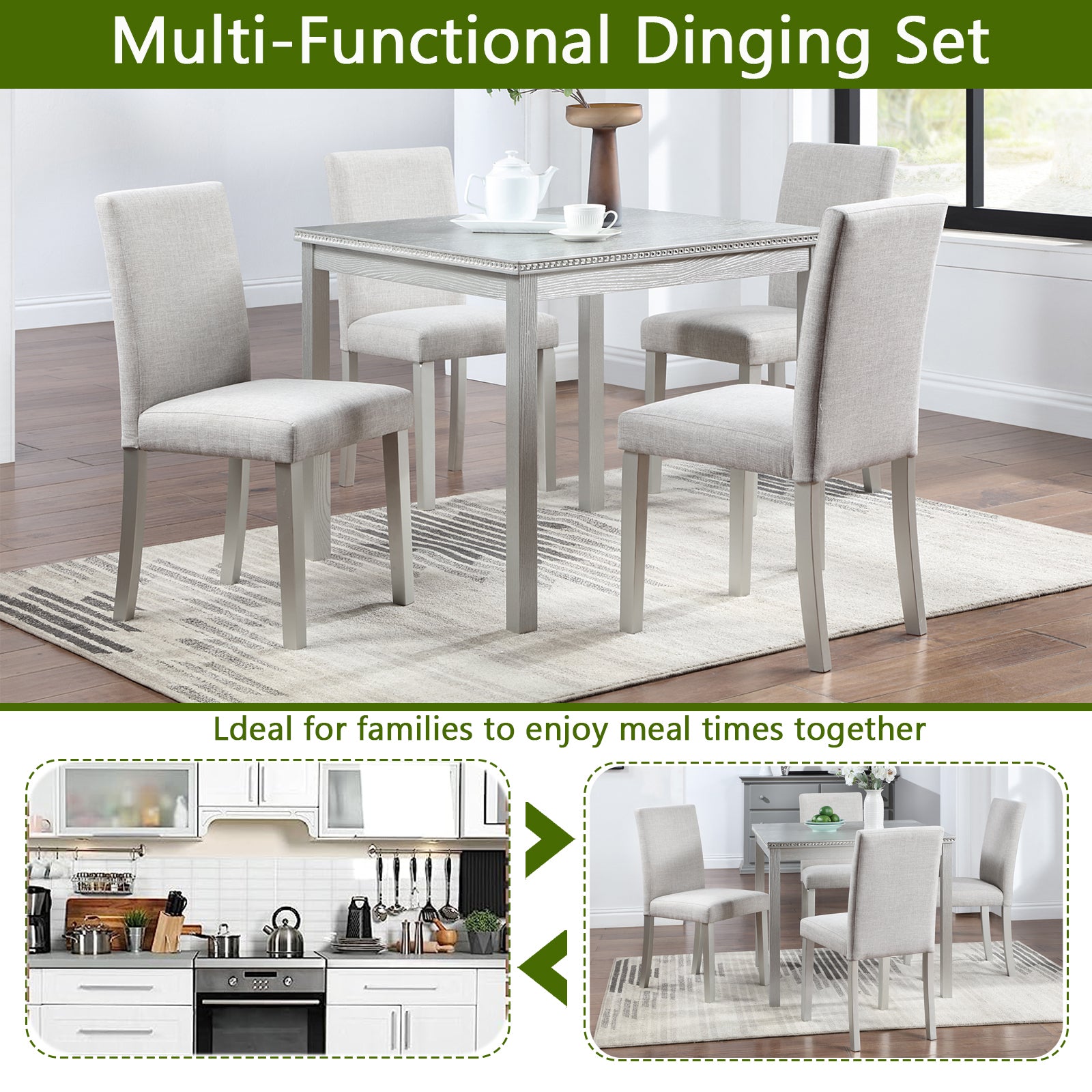 Light gray fabric upholstered dining chair with wooden legs