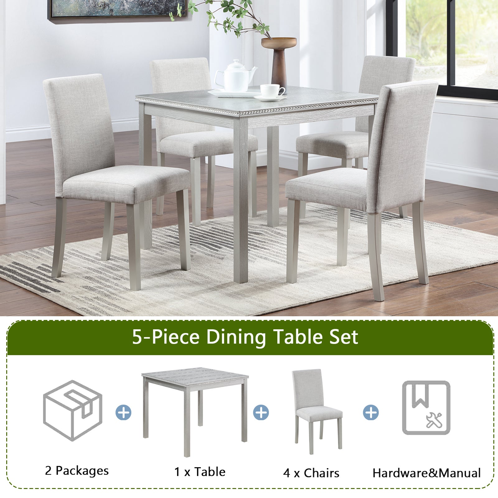 Light grey fabric dining chair with upholstered seat and back
