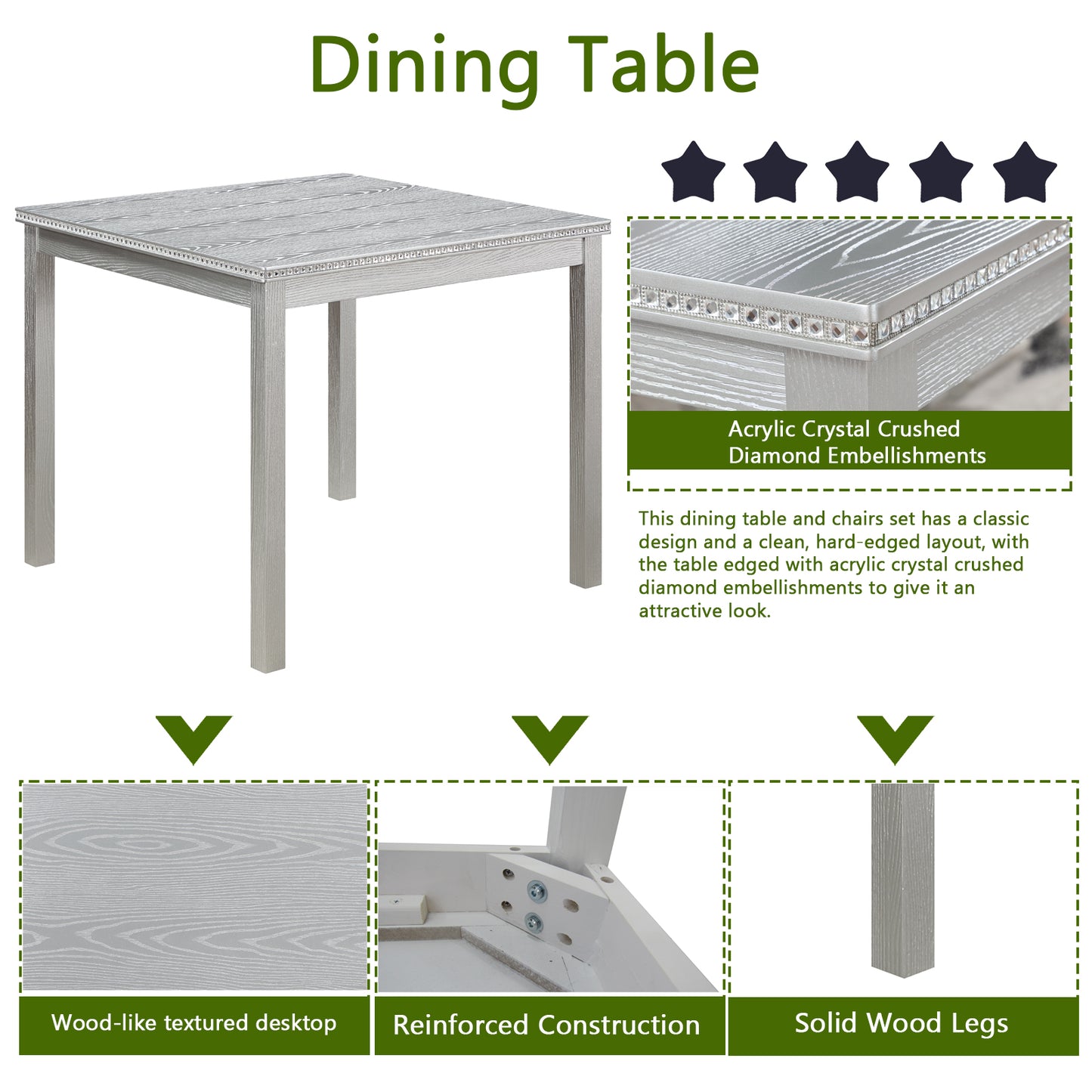 Square gray dining table with woodgrain texture and crystal embellishments