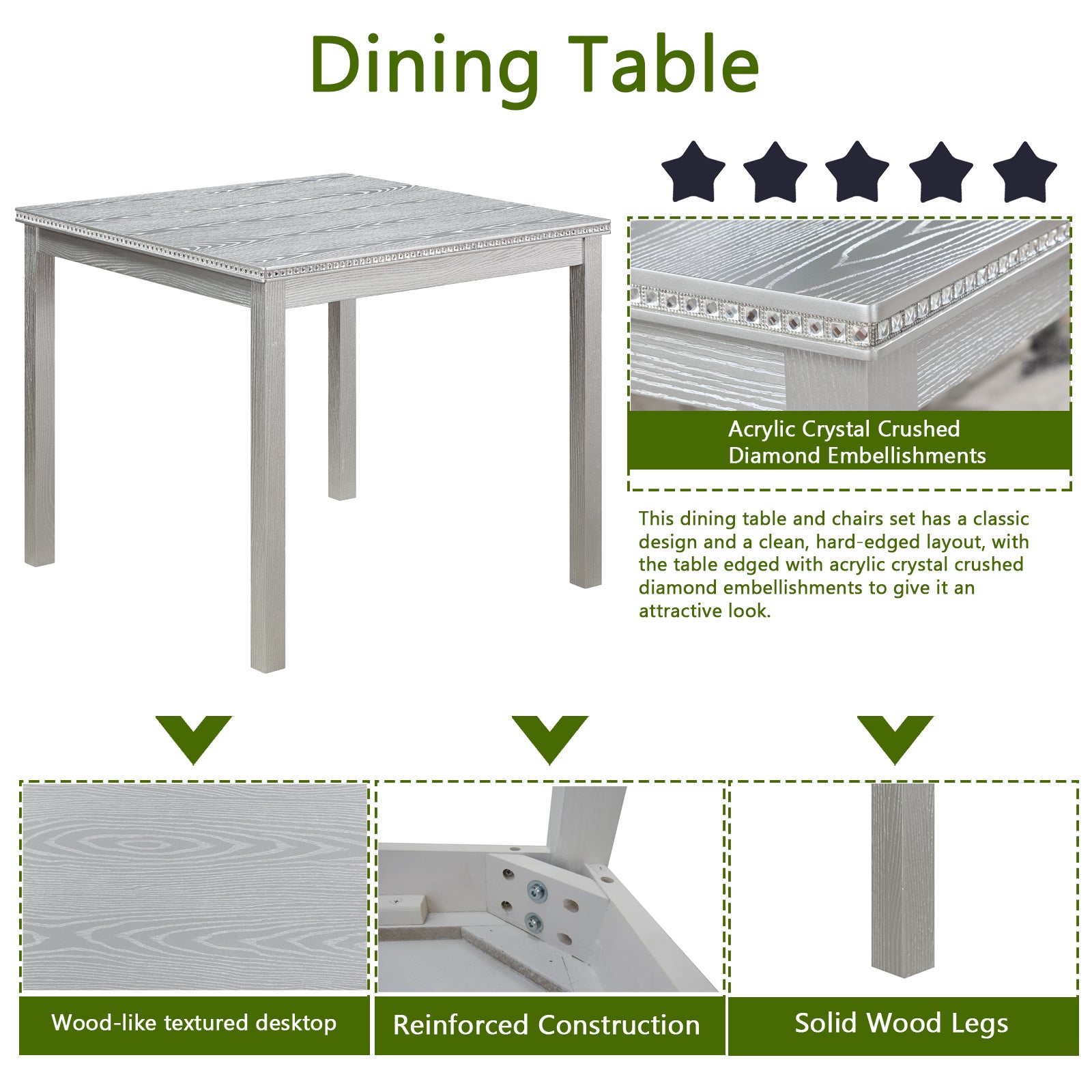 Square gray dining table with woodgrain texture and crystal embellishments
