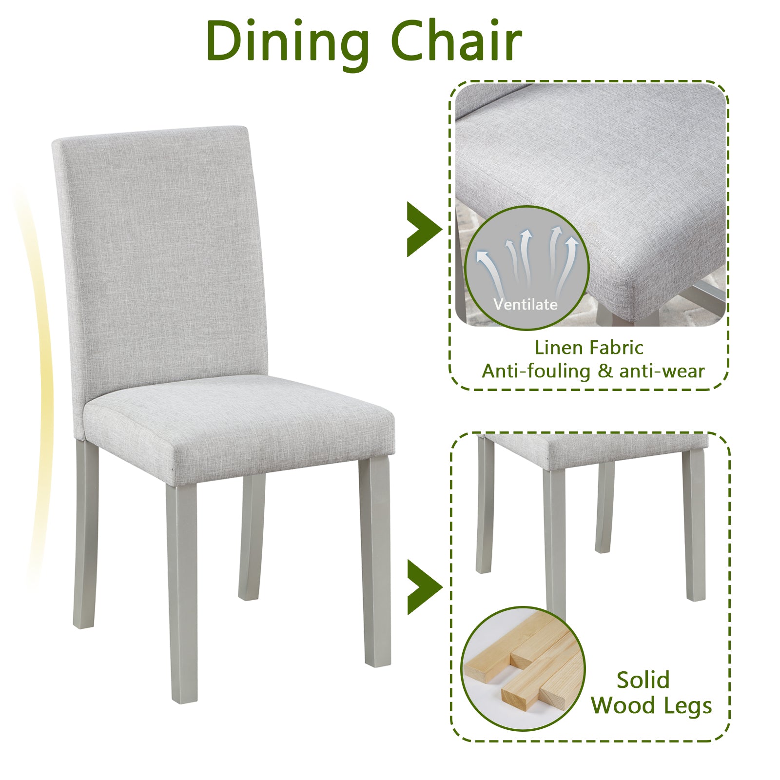 Light gray linen upholstered dining chair with solid wood legs