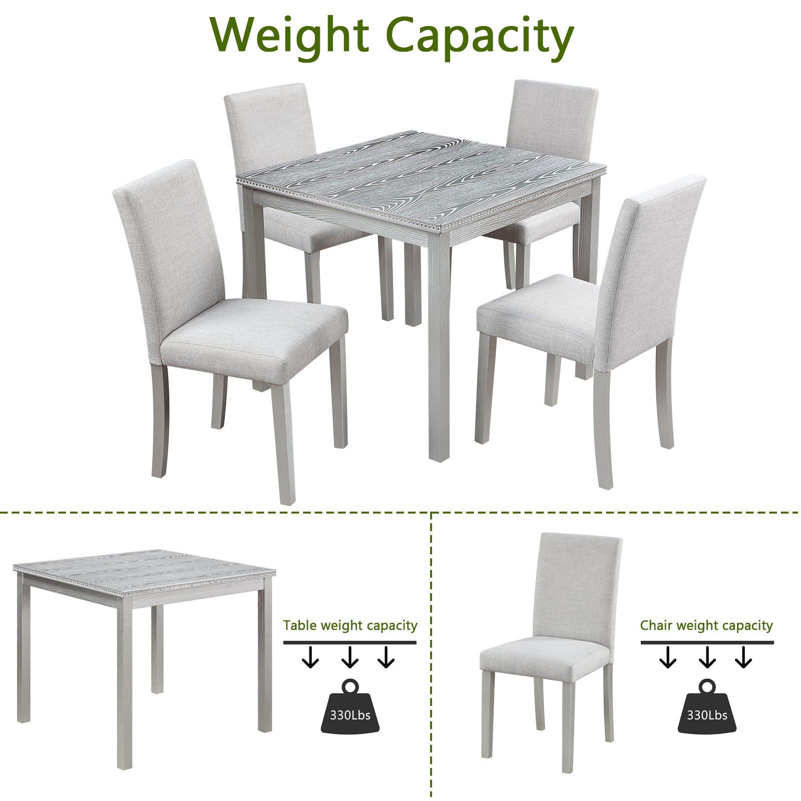Modern dining set with grey wood grain table and four upholstered chairs lbs weight capacity