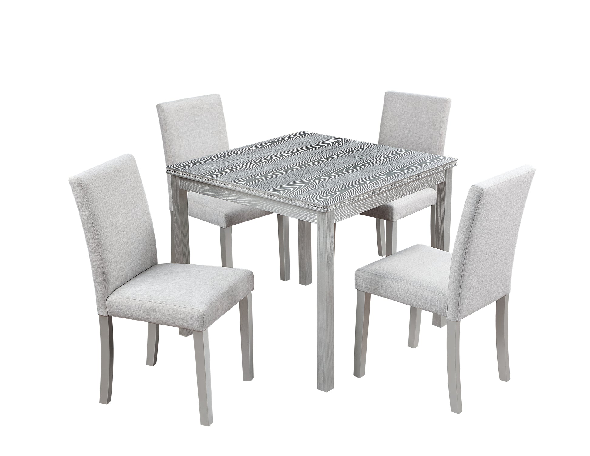 Modern grey wood grain dining set with four upholstered chairs