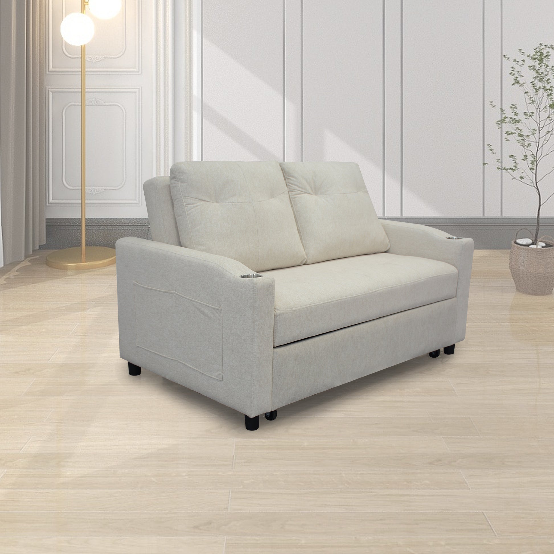Cream fabric loveseat sofa with builtin cup holders and side pockets
