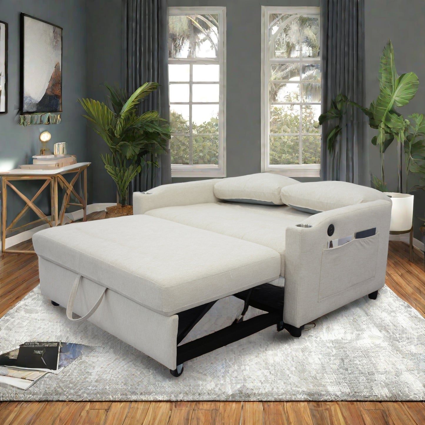 Beige sectional sofa bed with pullout mattress and storage chaise