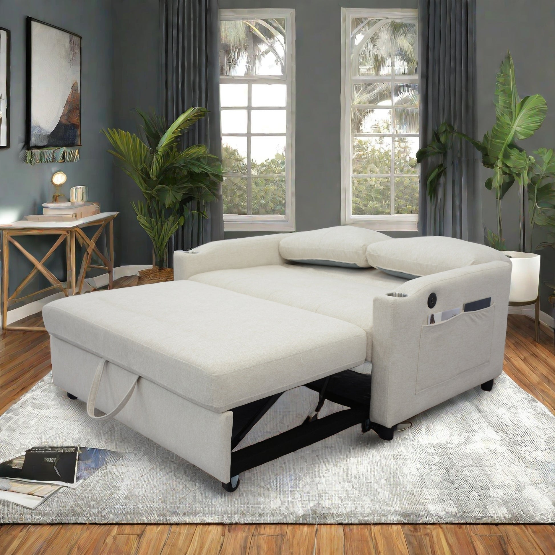 Beige sectional sofa bed with pullout mattress and storage chaise