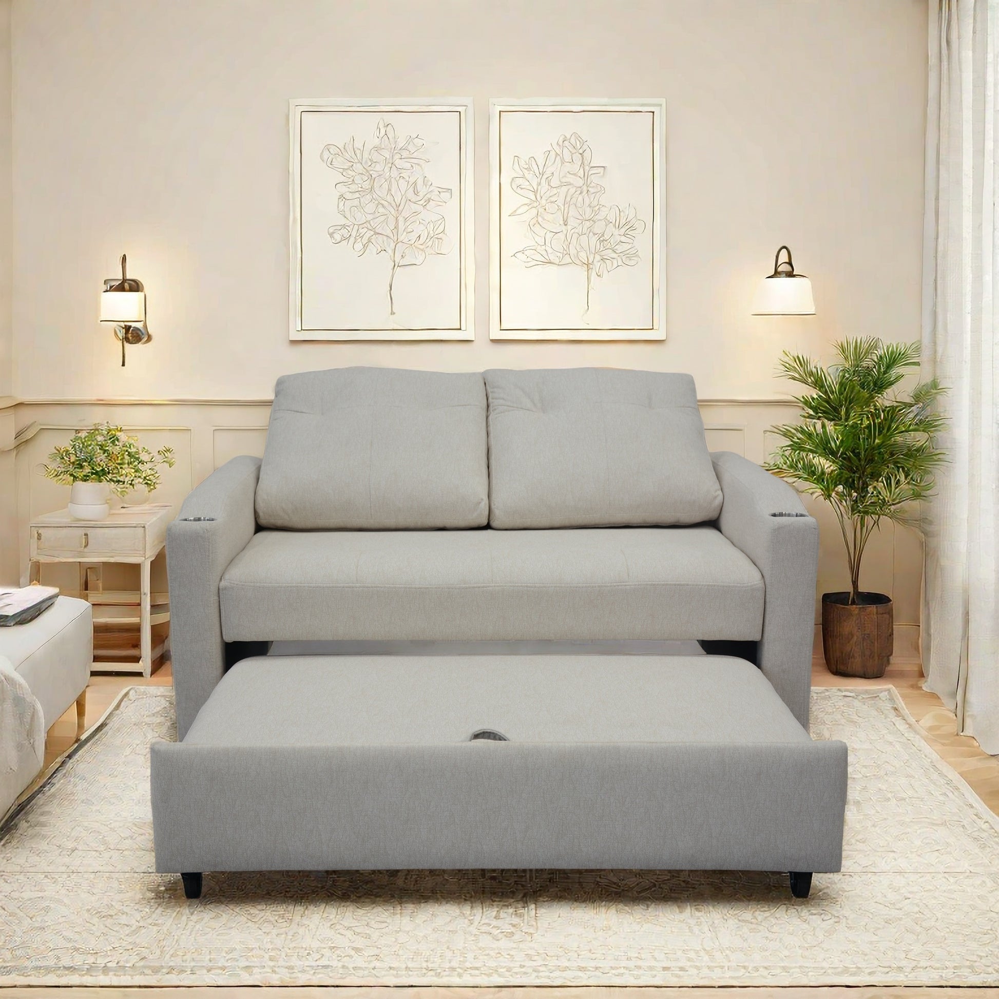Light gray fabric sofa bed with pullout mattress and modern design