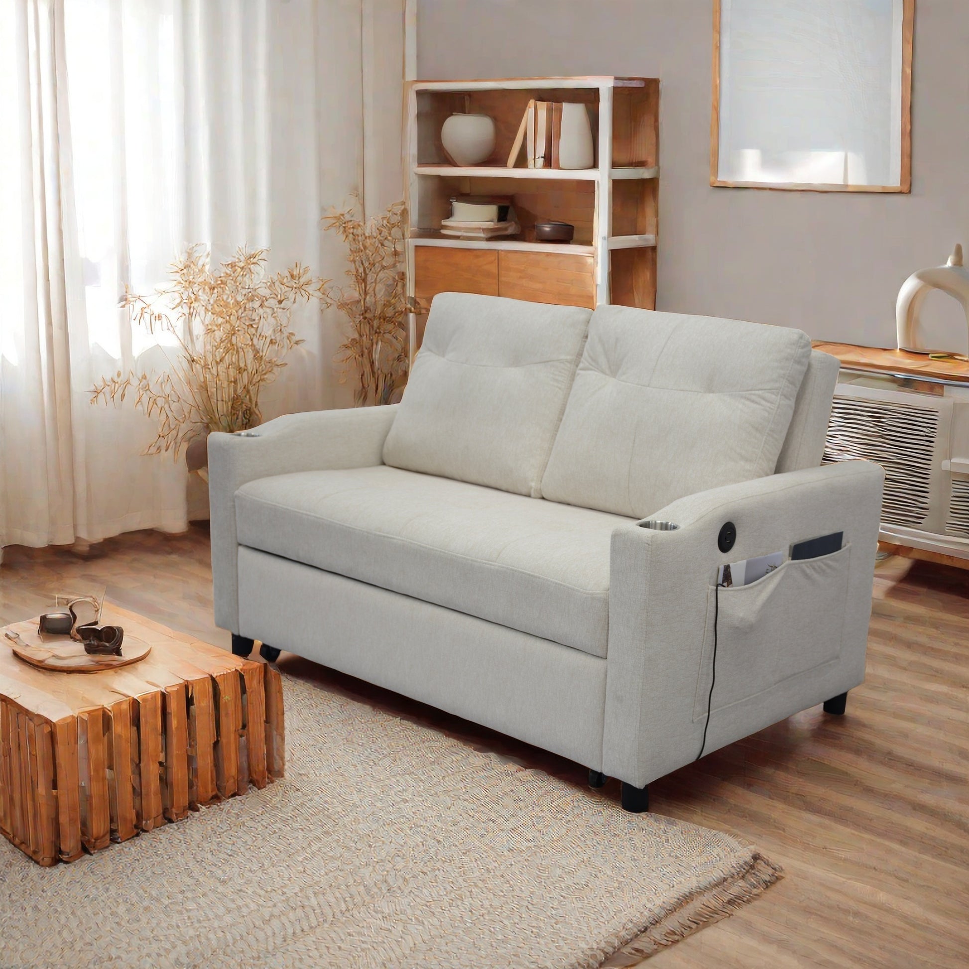 Light beige upholstered loveseat sofa with builtin cup holders and storage pockets