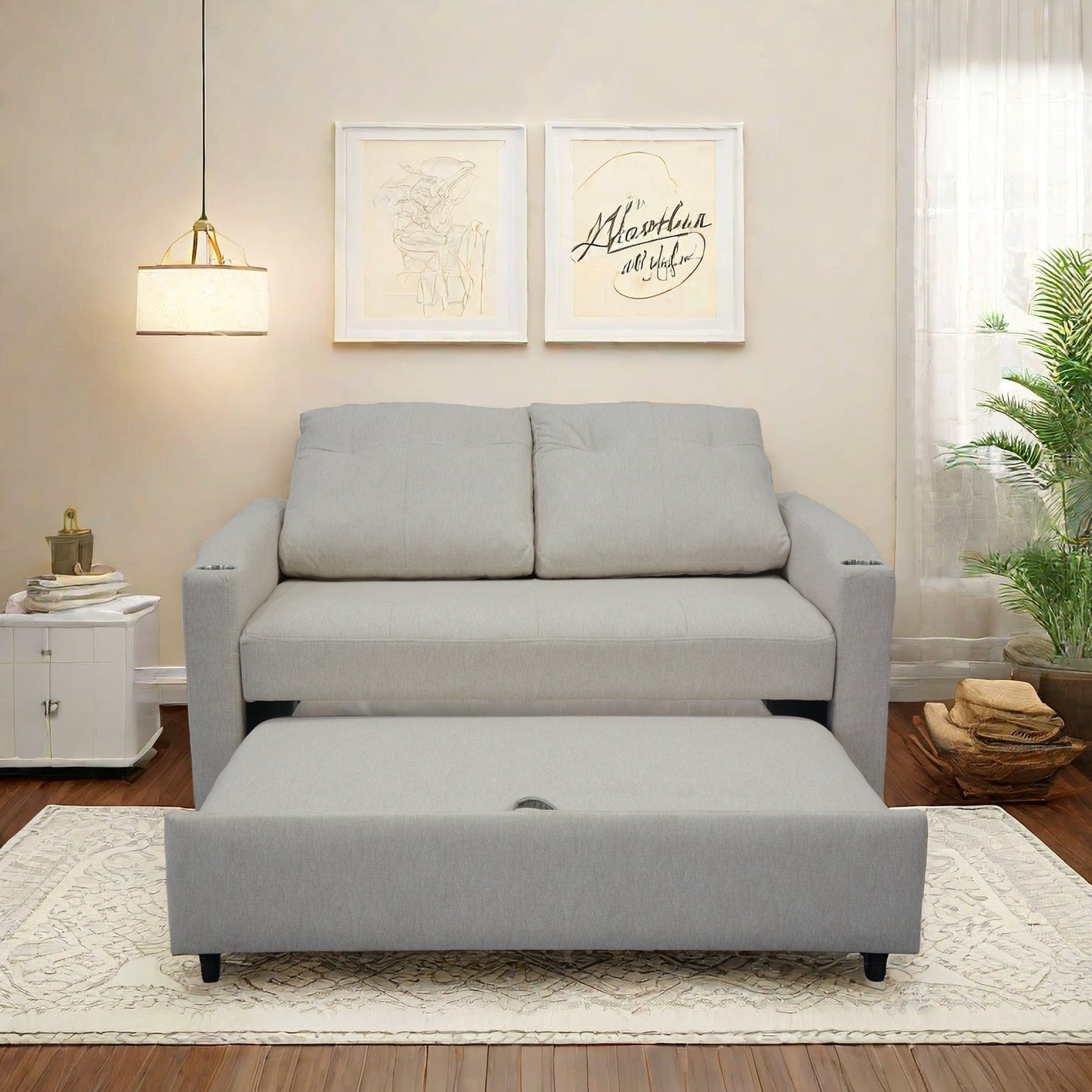 Light gray fabric sofa bed pulled out into a sleeping position modern design