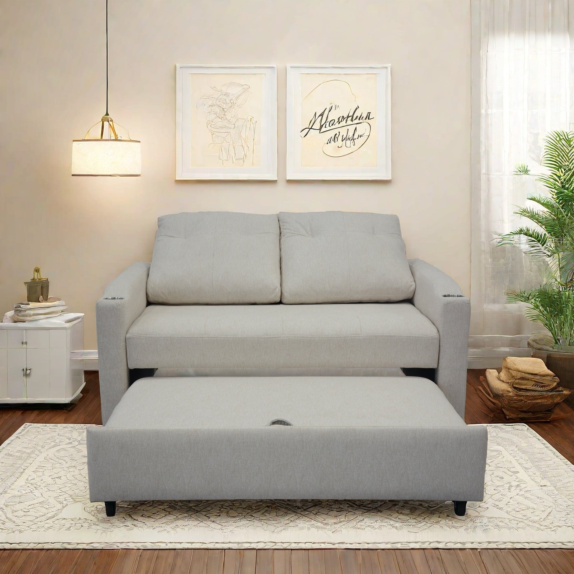 Light gray fabric sofa bed pulled out into a sleeping position modern design