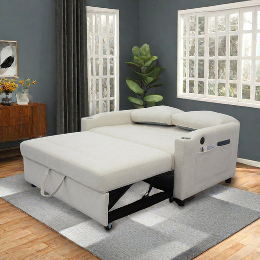 Cream linen sofa bed with pullout ottoman for guest sleeping convenience