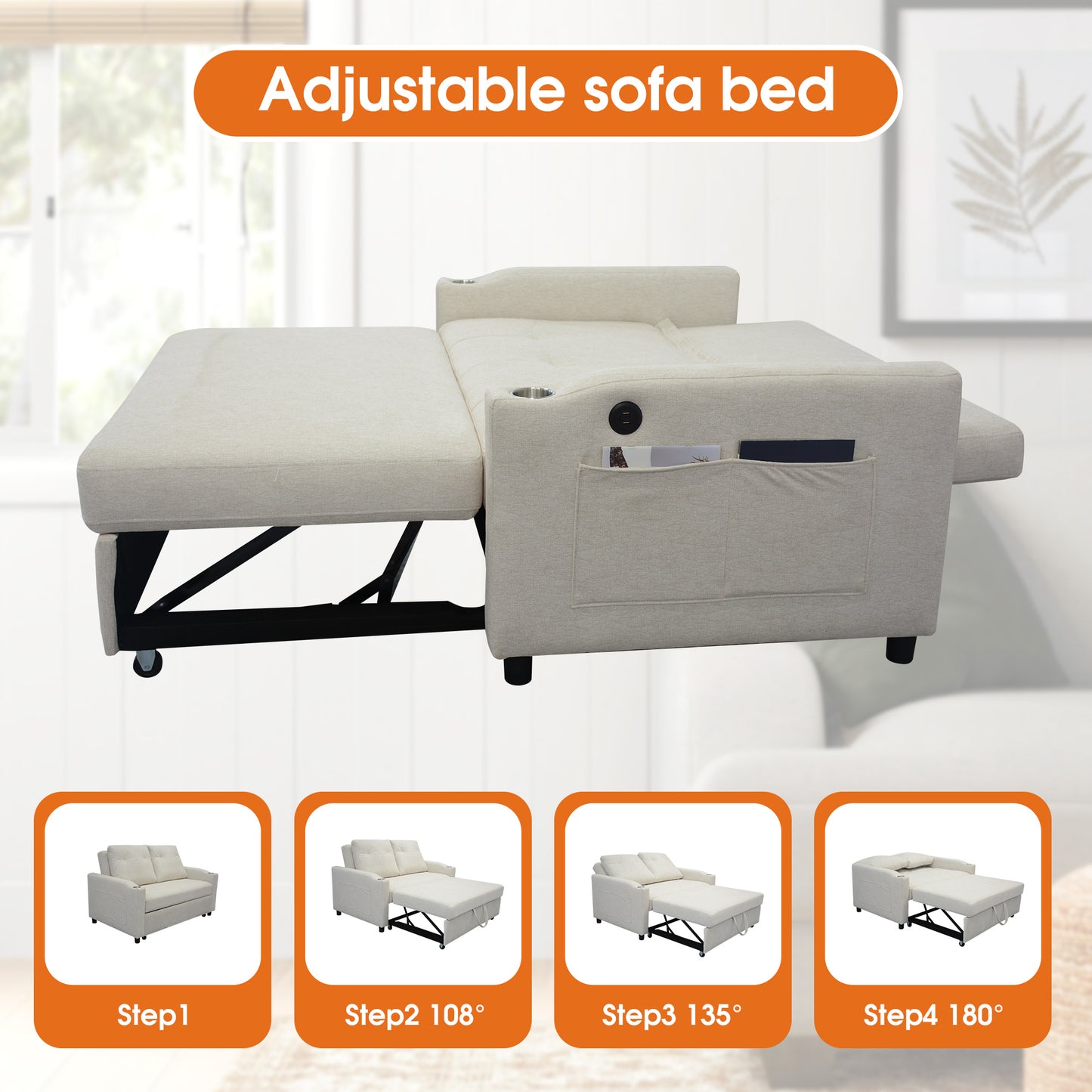 Cream fabric adjustable sofa bed in a partially extended configuration with storage pockets