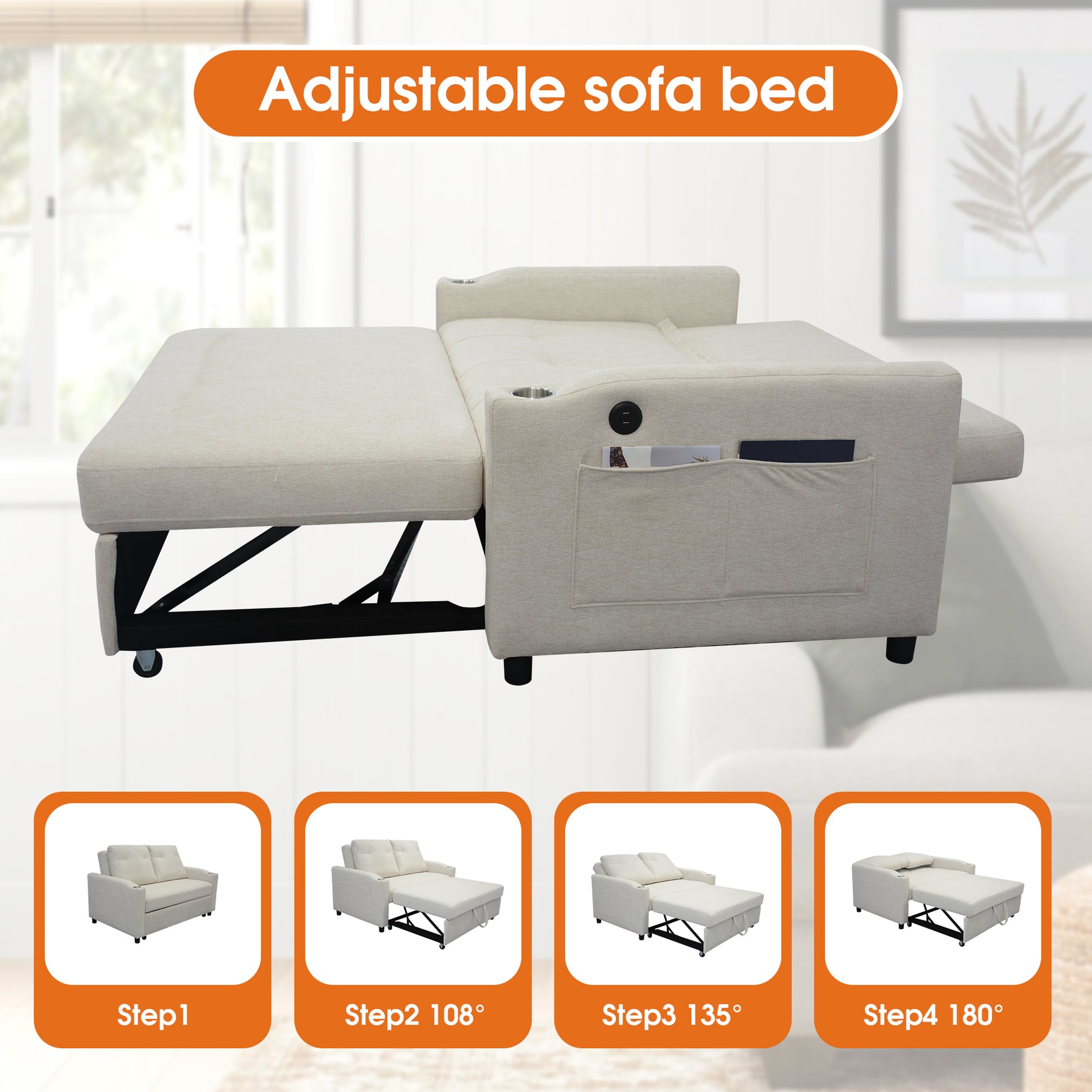 Cream fabric adjustable sofa bed in a partially extended configuration with storage pockets