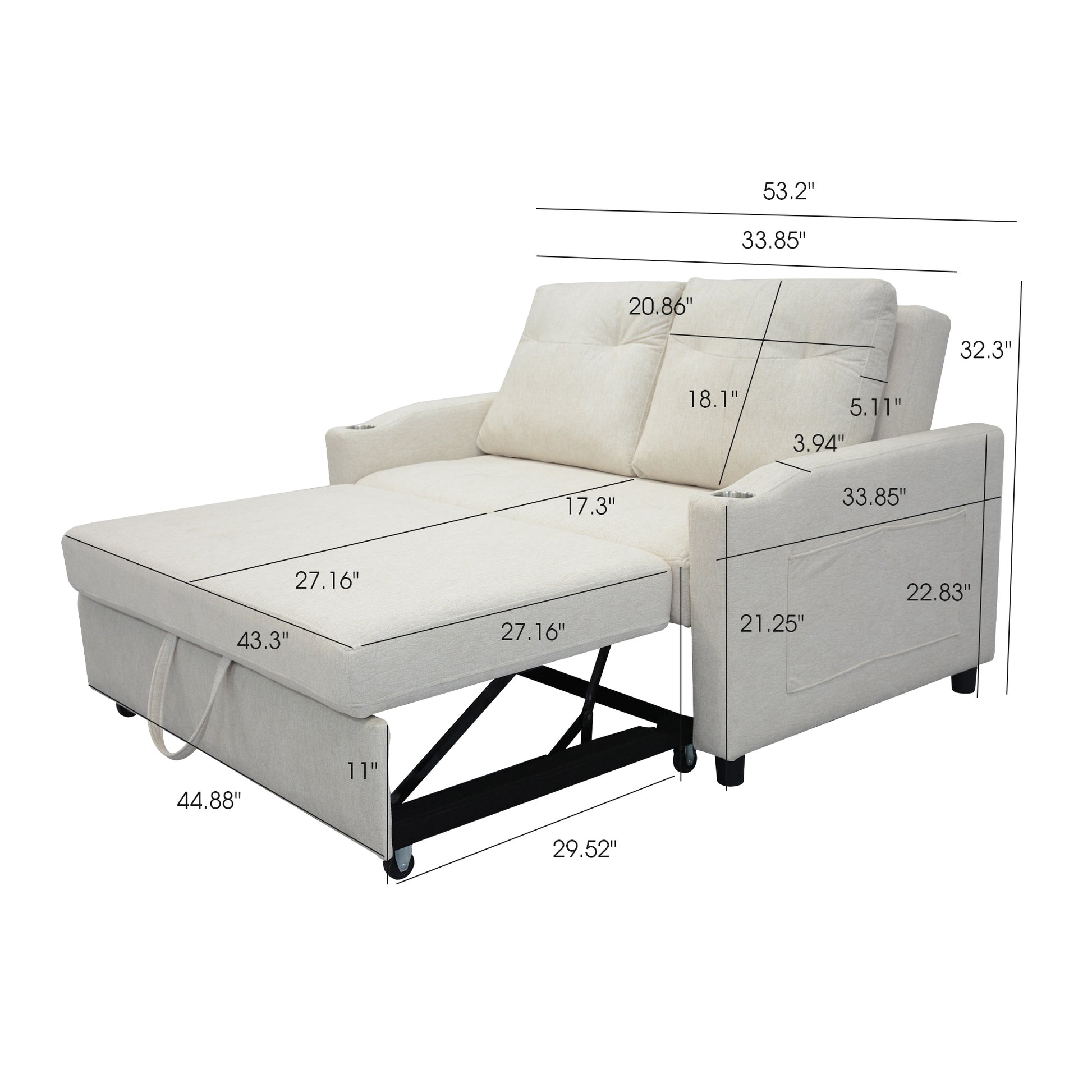 Cream upholstered convertible sofa bed with pullout ottoman for living room versatility